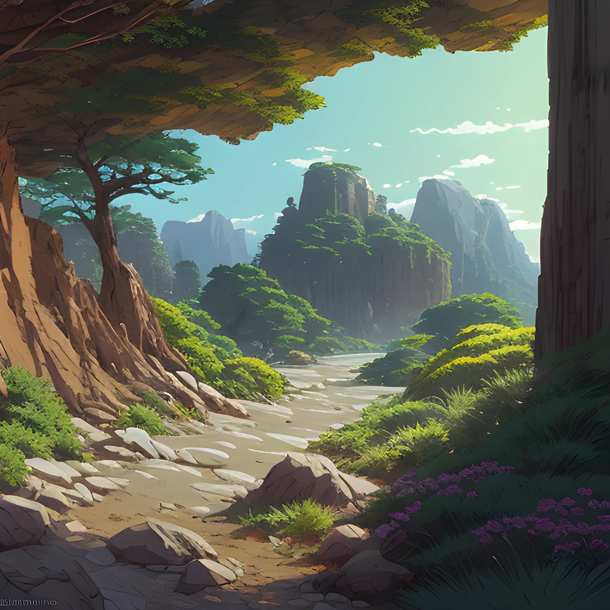 horizontal view with bush and rocks... in the style of makoto shinkai and greg rutkowski and albert bierstadt and james gurney, Cartoon