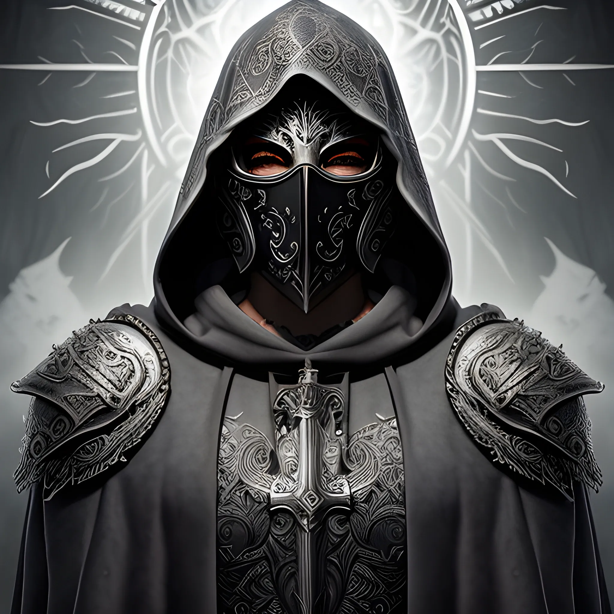 Create a realistic detailed and intricate image of a scourge aasimar paladin wearing a hooded cloak and a heavy metal tattoo like mask that covers his face. From eyes and mouth, the soaring light shines. Background is heavenly but dark and eerie.