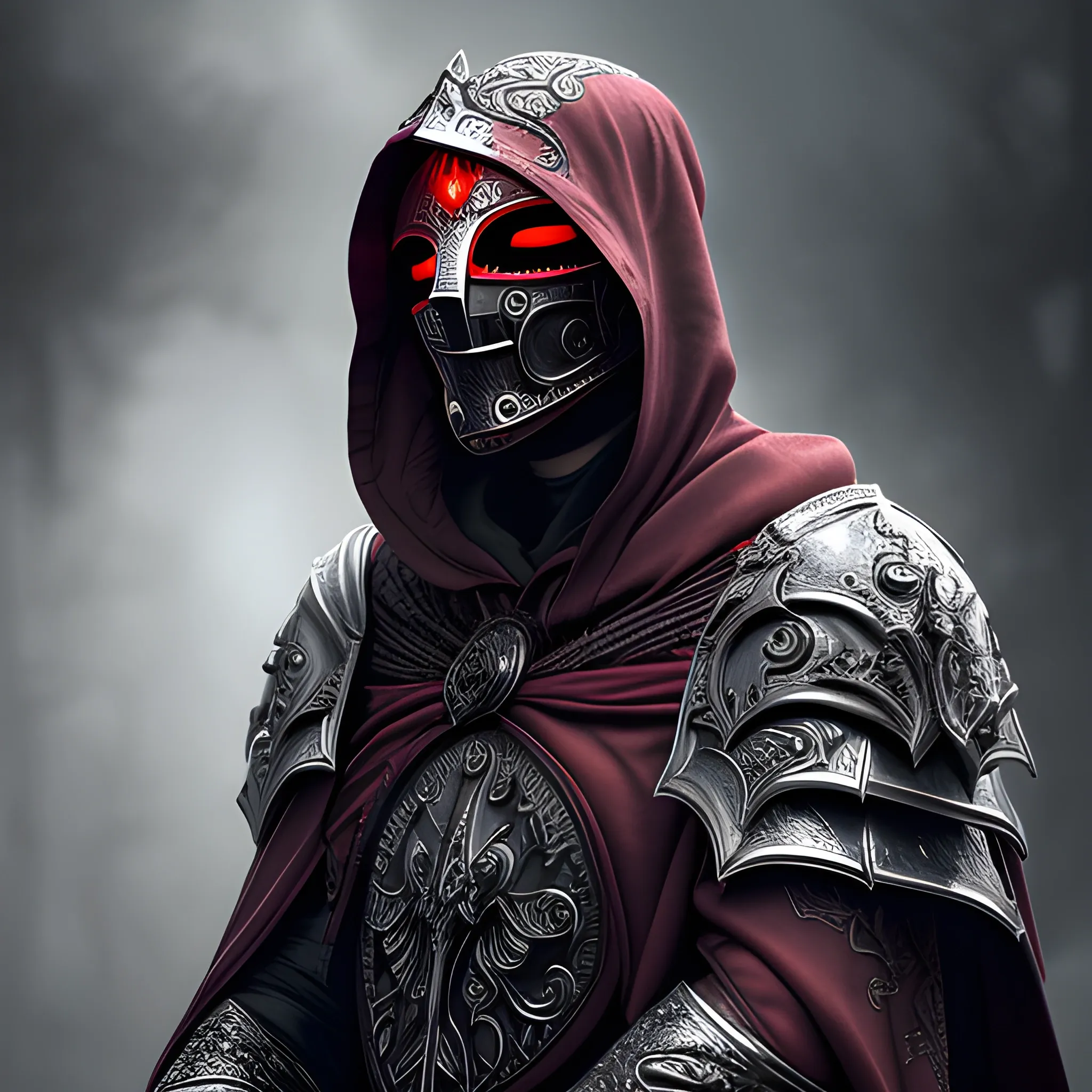 Create a realistic detailed and intricate image of a scourge aasimar paladin wearing a hooded cloak and a crimson red heavy metal tattoo like mask that covers his face. From eyes and mouth, the soaring light shines. Background is heavenly but dark and eerie.