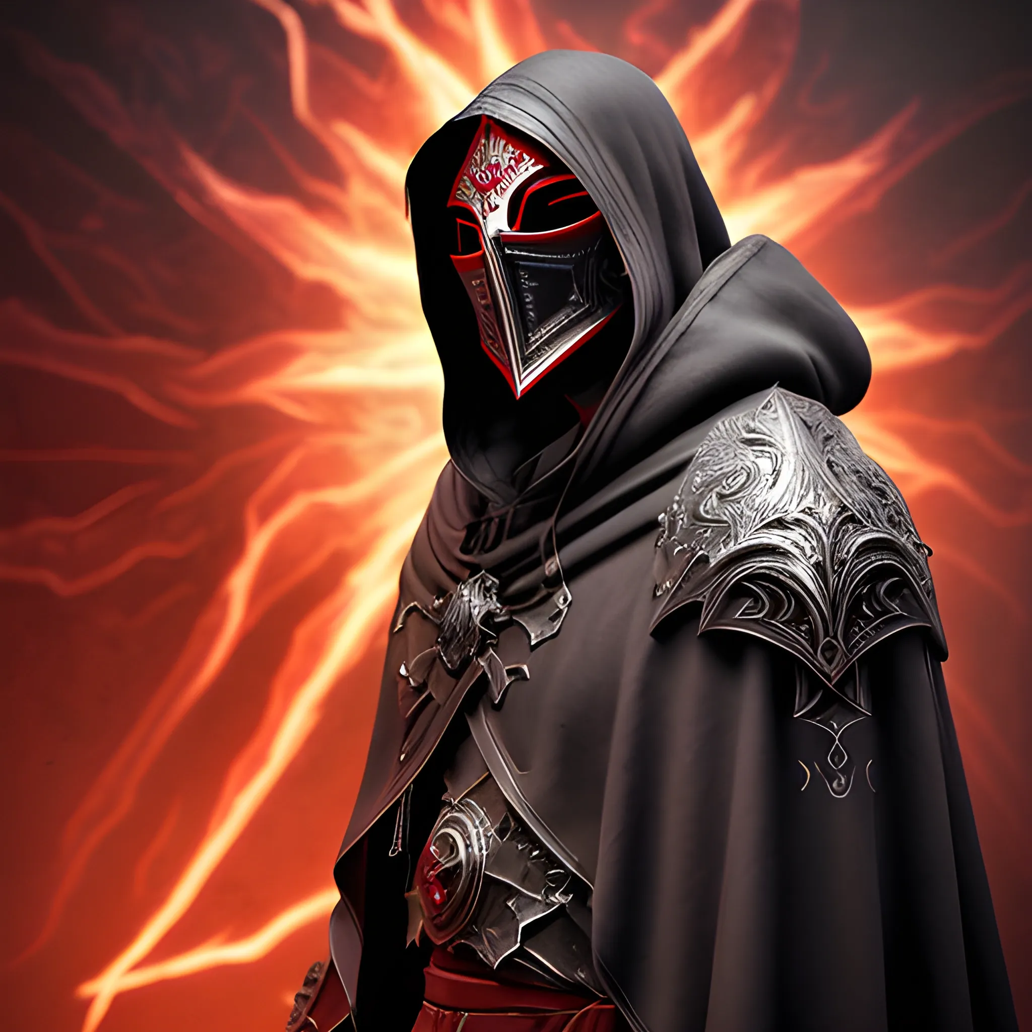 Create a realistic detailed and intricate image of a scourge aasimar paladin wearing a hooded cloak and a crimson red heavy metal tattoo like mask that covers his face. From eyes and mouth, the soaring light shines. Background is heavenly but dark and eerie.