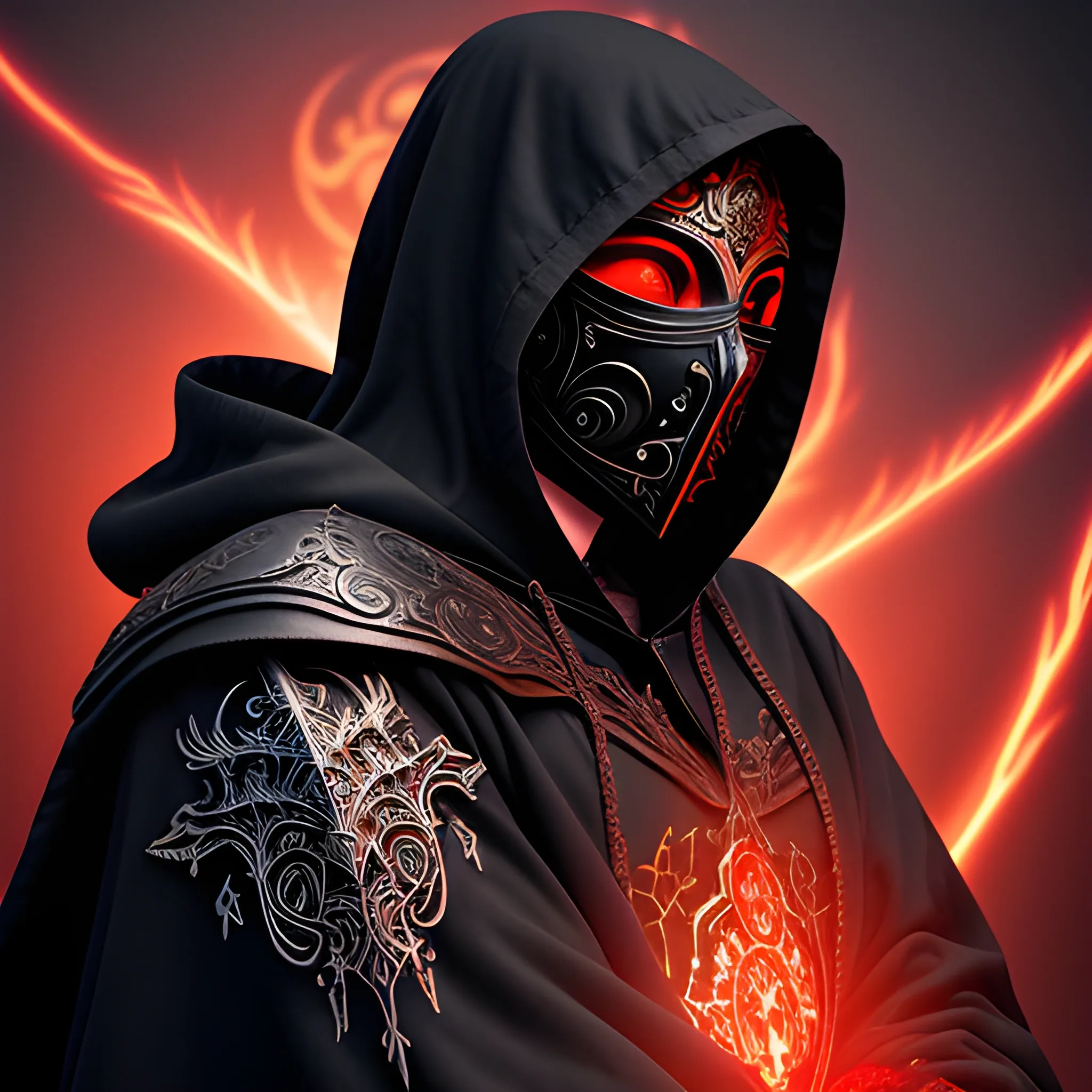 Create an intricate fantasy styled image of a scourge aasimar paladin wearing a hooded cloak and a crimson red heavy metal tattoo like mask that covers his face. From eyes and mouth, the soaring light shines. Background is heavenly but dark and eerie.