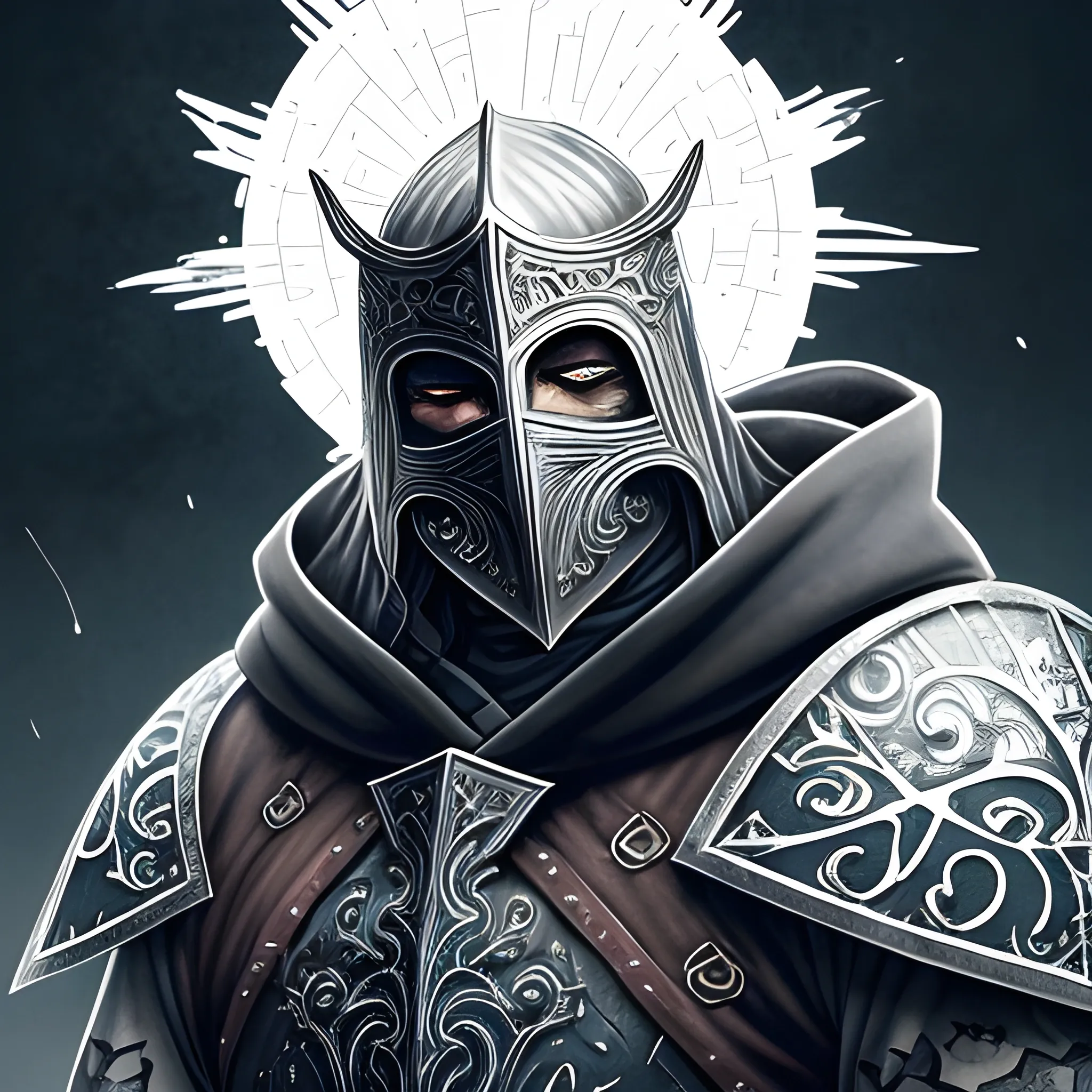 , Water Color Create a realistic detailed and intricate image of a scourge aasimar paladin wearing a hooded cloak and a heavy metal tattoo like mask that covers his face carrying a heavy battle armour with divine battleaxe in right hand as well as one-handed shield in left hand. From eyes and mouth, the soaring light shines. Hair is short white, appearance is similar to gojo satoru from jujutsu kaisen. Background is heavenly but dark and eerie.