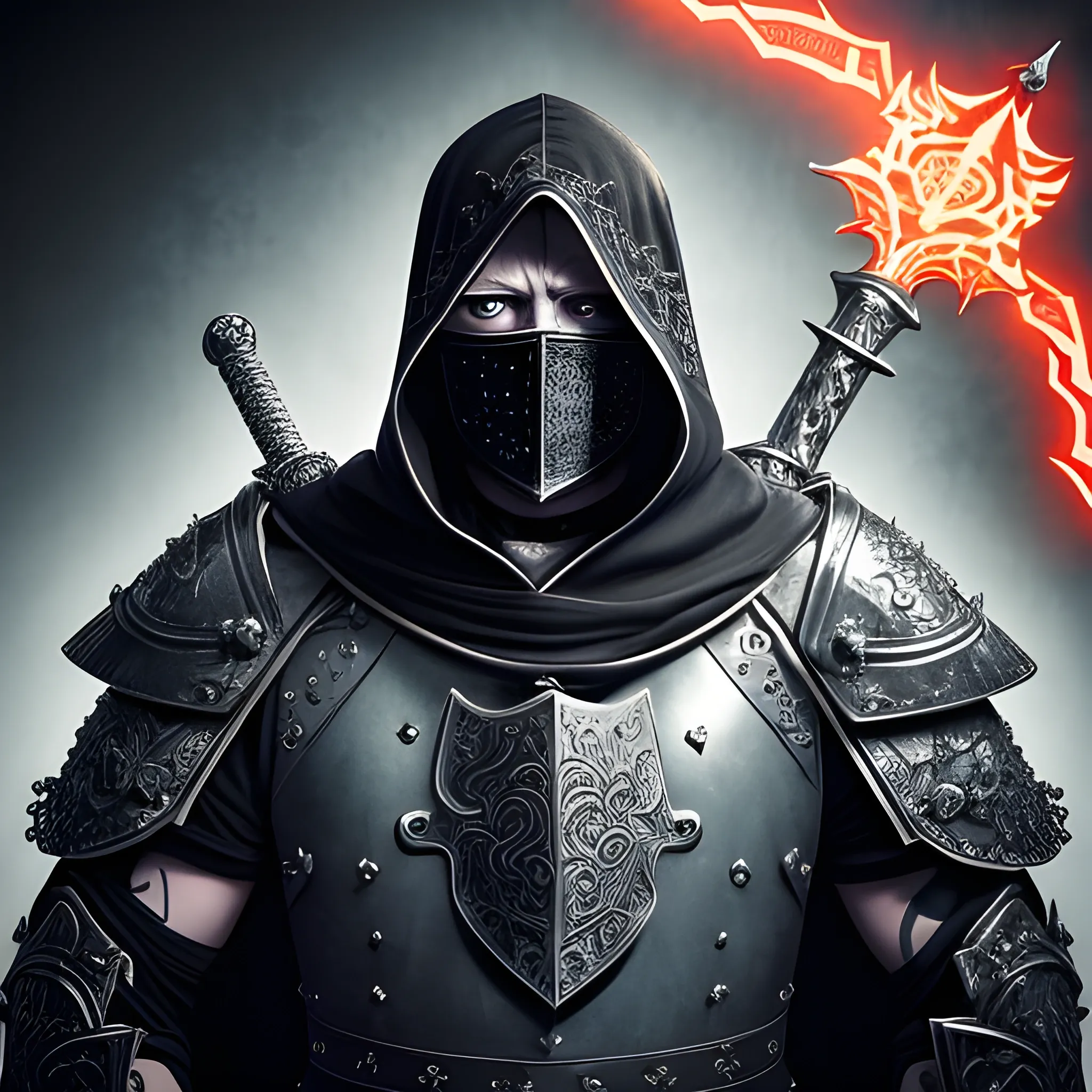  Create a realistic detailed and intricate image of a scourge aasimar paladin wearing a hooded cloak and a heavy metal tattoo like mask that covers his face carrying a heavy battle armour with divine battleaxe in right hand as well as one-handed shield in left hand. From eyes and mouth, the soaring light shines. Hair is short white, appearance is similar to gojo satoru from jujutsu kaisen. Background is heavenly but dark and eerie, Fantasy