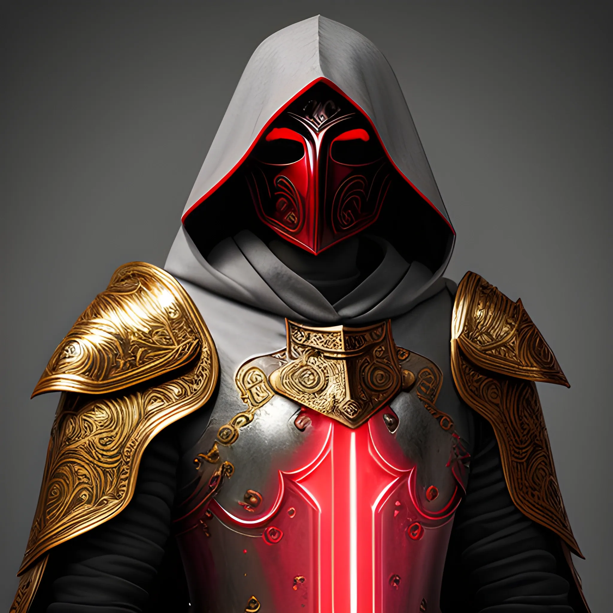  Create a realistic detailed and intricate image of a scourge aasimar paladin wearing a hooded cloak in grey plate armor, he has a crimson red mask on and gold light is emitting from his eyes.