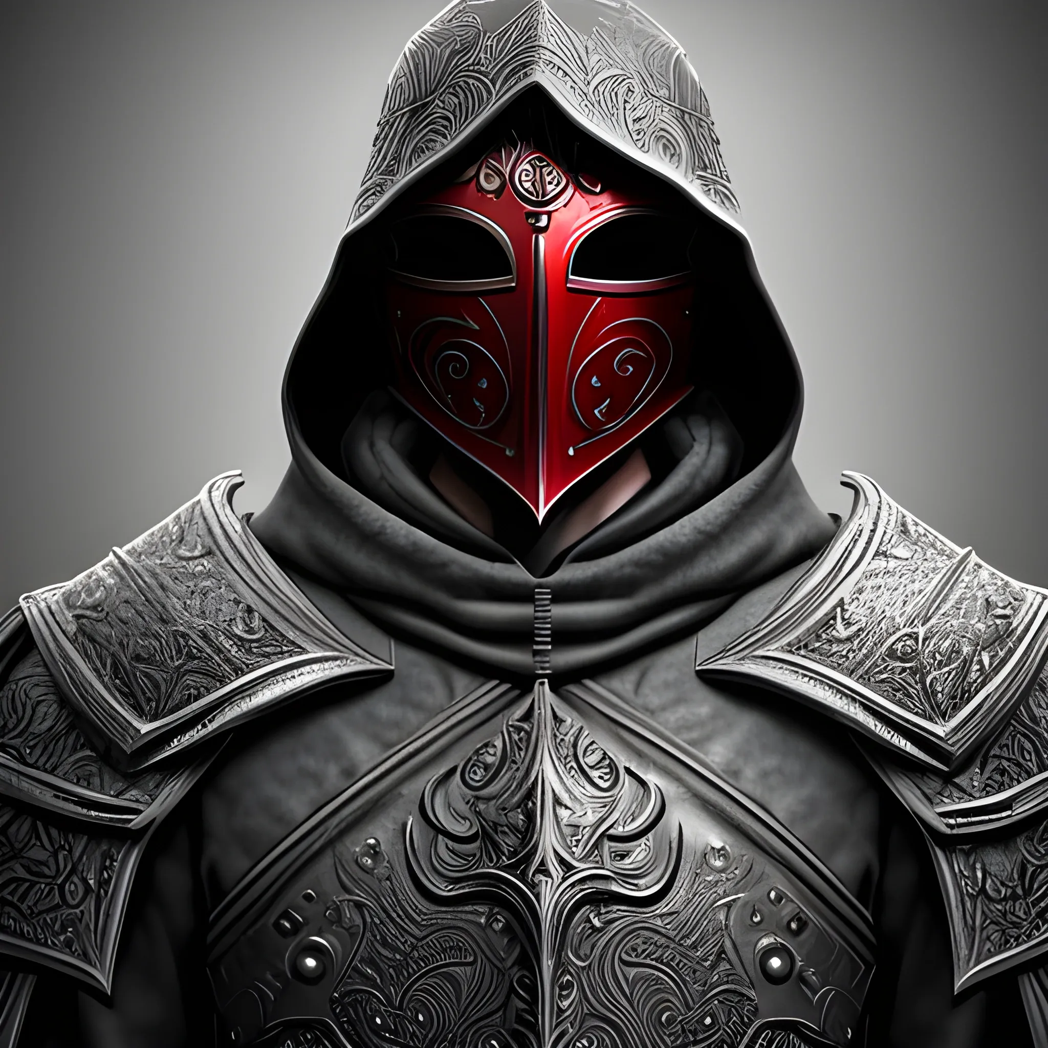  Create a realistic detailed and intricate image of a scourge aasimar paladin wearing a hooded cloak in grey plate armor, he has an intricate crimson mask covering his face with only his eyes revealed. 