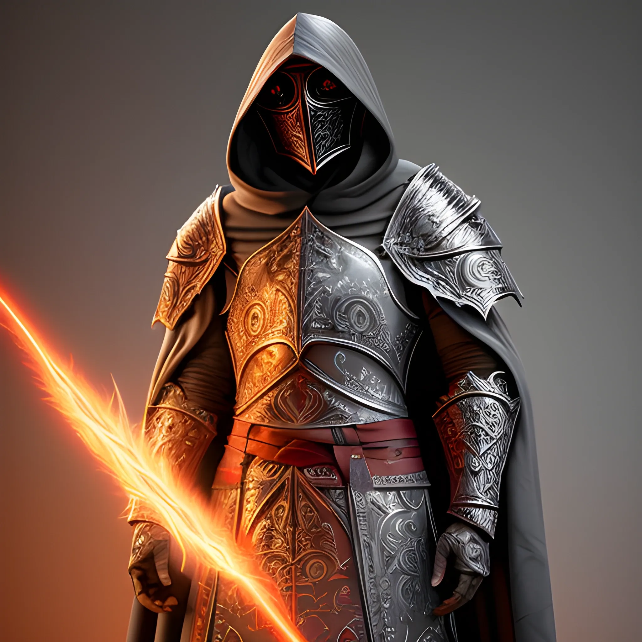  Create a realistic detailed and intricate image of a scourge aasimar paladin wearing a hooded cloak in grey plate armor, he has an intricate crimson mask covering his face with only his eyes revealed. feint rays of gold light pour from the eyeholes