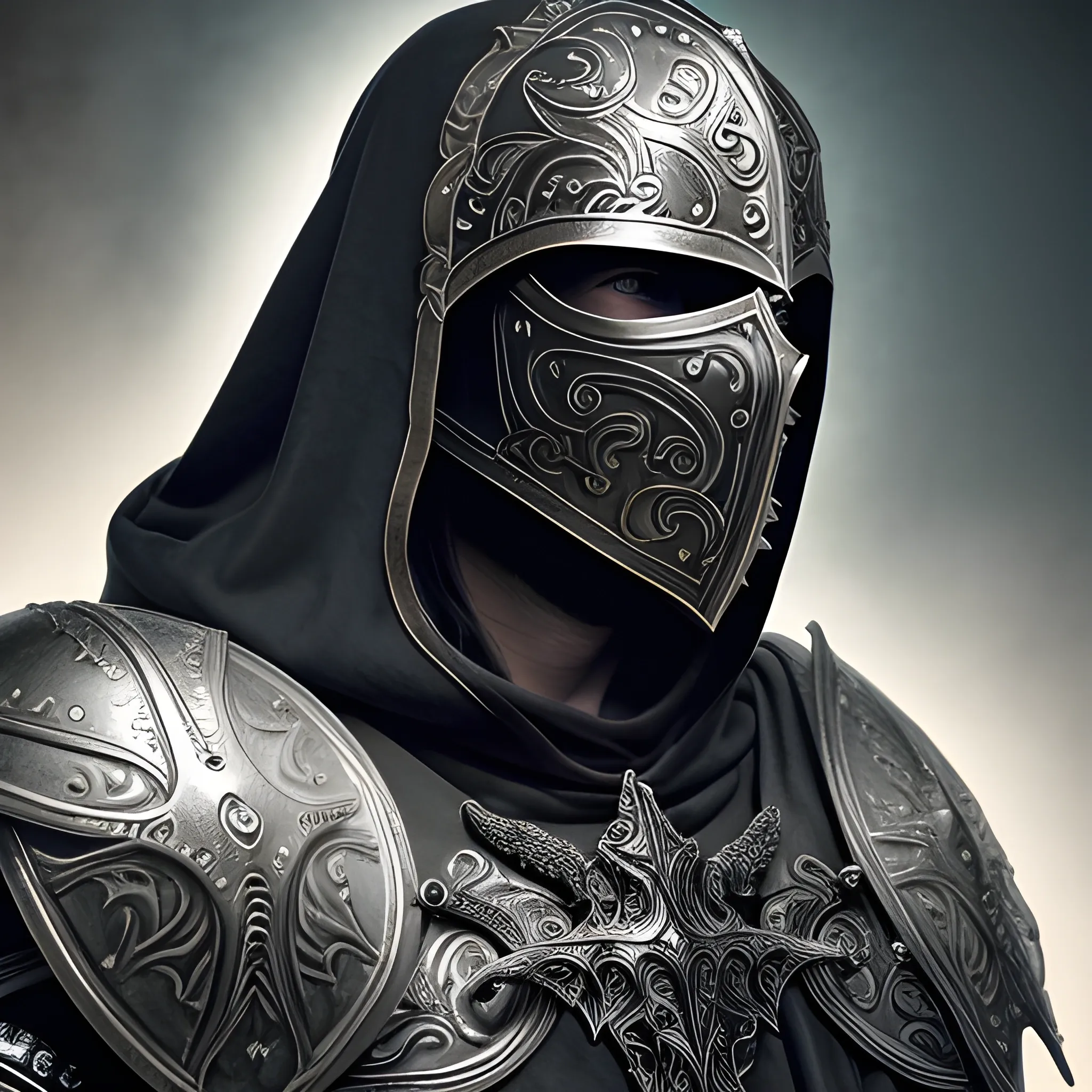 Create a realistic detailed and intricate image of a scourge aasimar paladin wearing thick plate armor and a hooded cloak with a heavy metal tattoo like mask that covers his face. From eyes and mouth, the soaring light shines. Background is heavenly but dark and eerie.