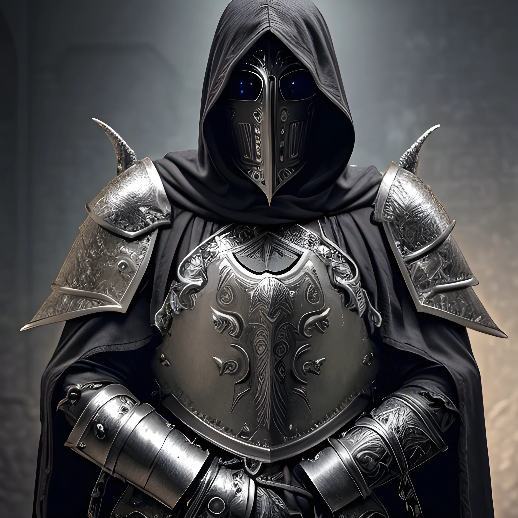 Create a realistic detailed and intricate image of a scourge aasimar paladin wearing thick plate armor and a hooded cloak with a heavy metal tattoo like mask that covers his face. Background is heavenly but dark and eerie.