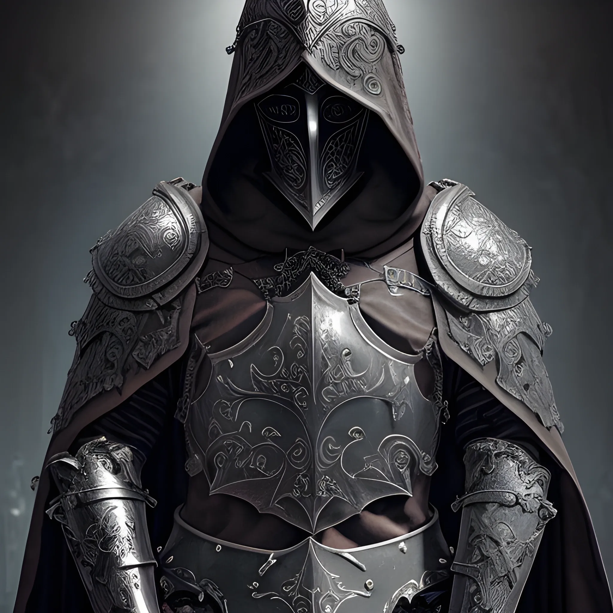 Create a realistic detailed and intricate image of a scourge aasimar paladin wearing thick plate armor and a hooded cloak with a heavy metal tattoo like mask that covers his face. Background is heavenly but dark and eerie.