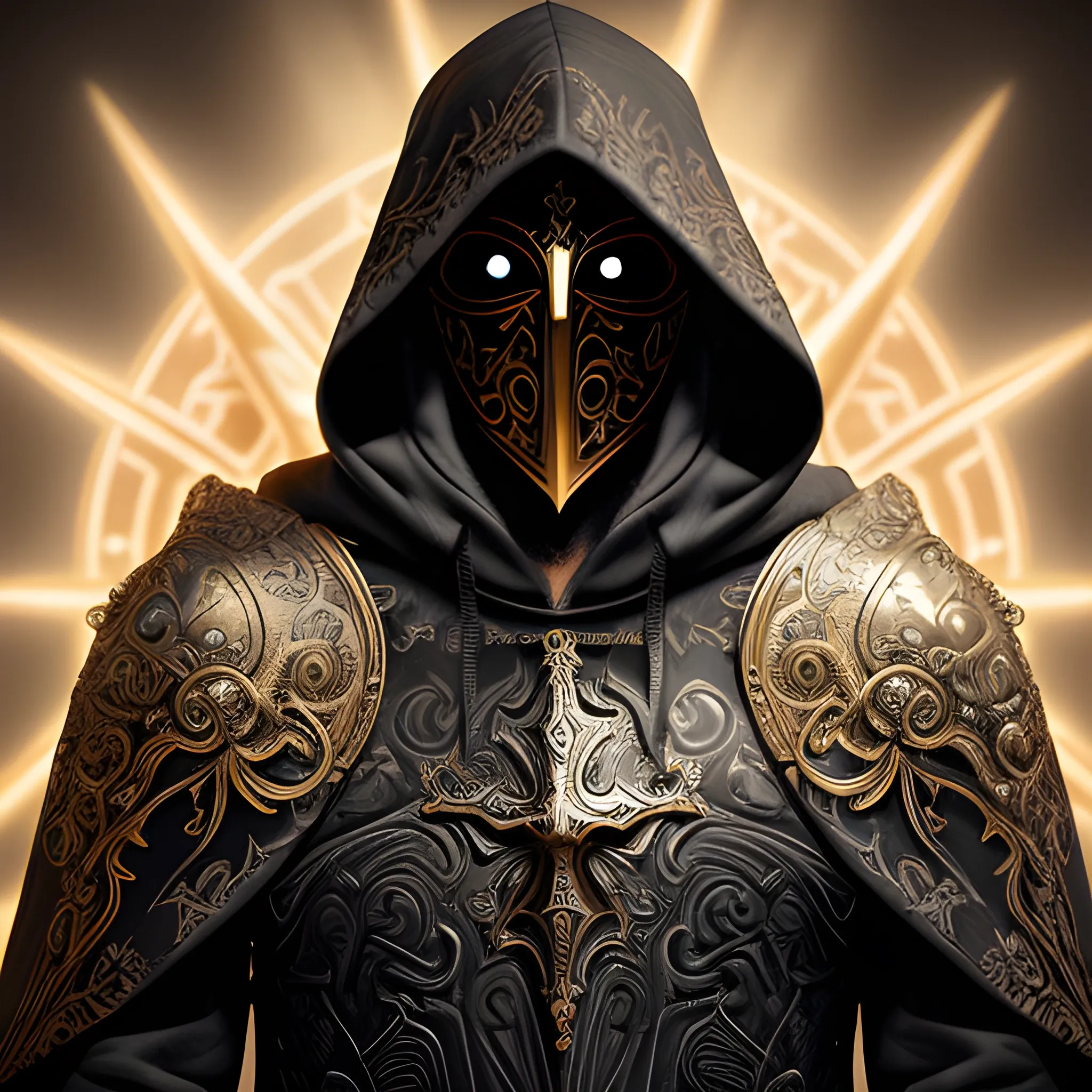 Create a realistic detailed and intricate image of a scourge aasimar paladin wearing a hooded cloak and a heavy metal tattoo like mask that covers his face. Gold radiant light pours out from his eye sockets. Background is heavenly but dark and eerie.