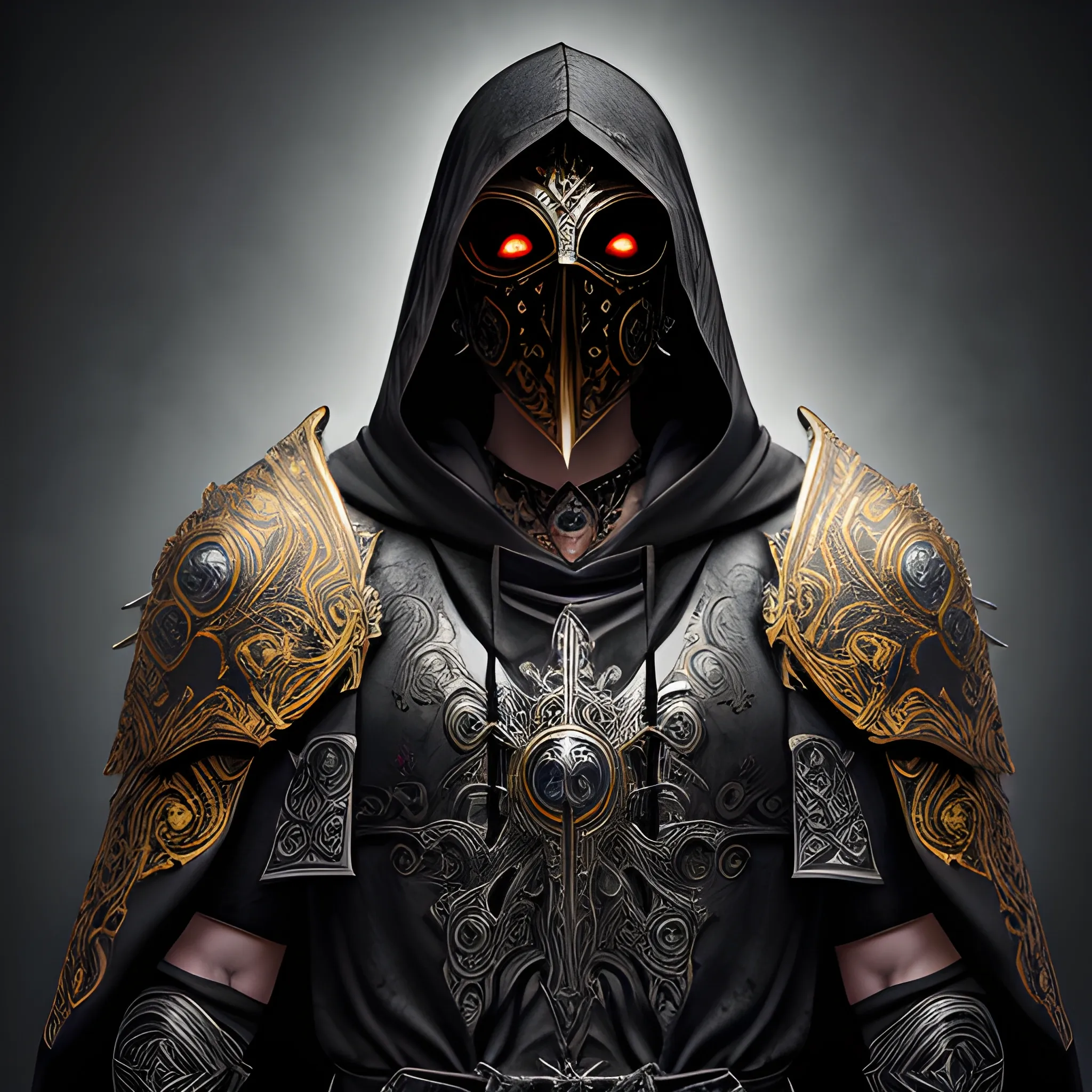 Create a realistic detailed and intricate image of a scourge aasimar paladin wearing a hooded cloak and a heavy metal tattoo like mask that covers his face. He has glowing eyes of radiant gold. Background is heavenly but dark and eerie.