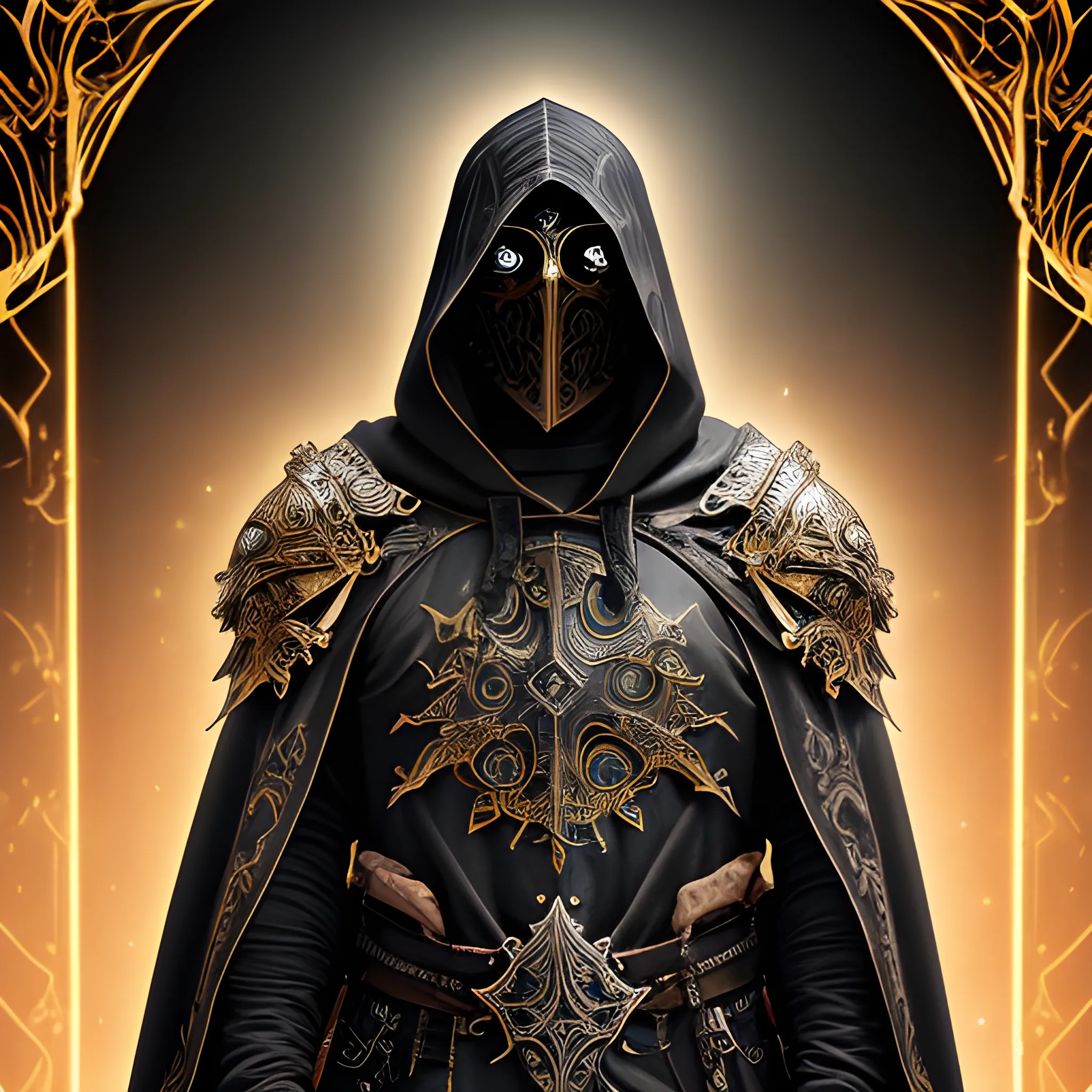 Create a realistic detailed and intricate image of a scourge aasimar paladin wearing a hooded cloak and a heavy metal tattoo like mask that covers his face. He has bright glowing eyes of radiant gold. Background is heavenly but dark and eerie.