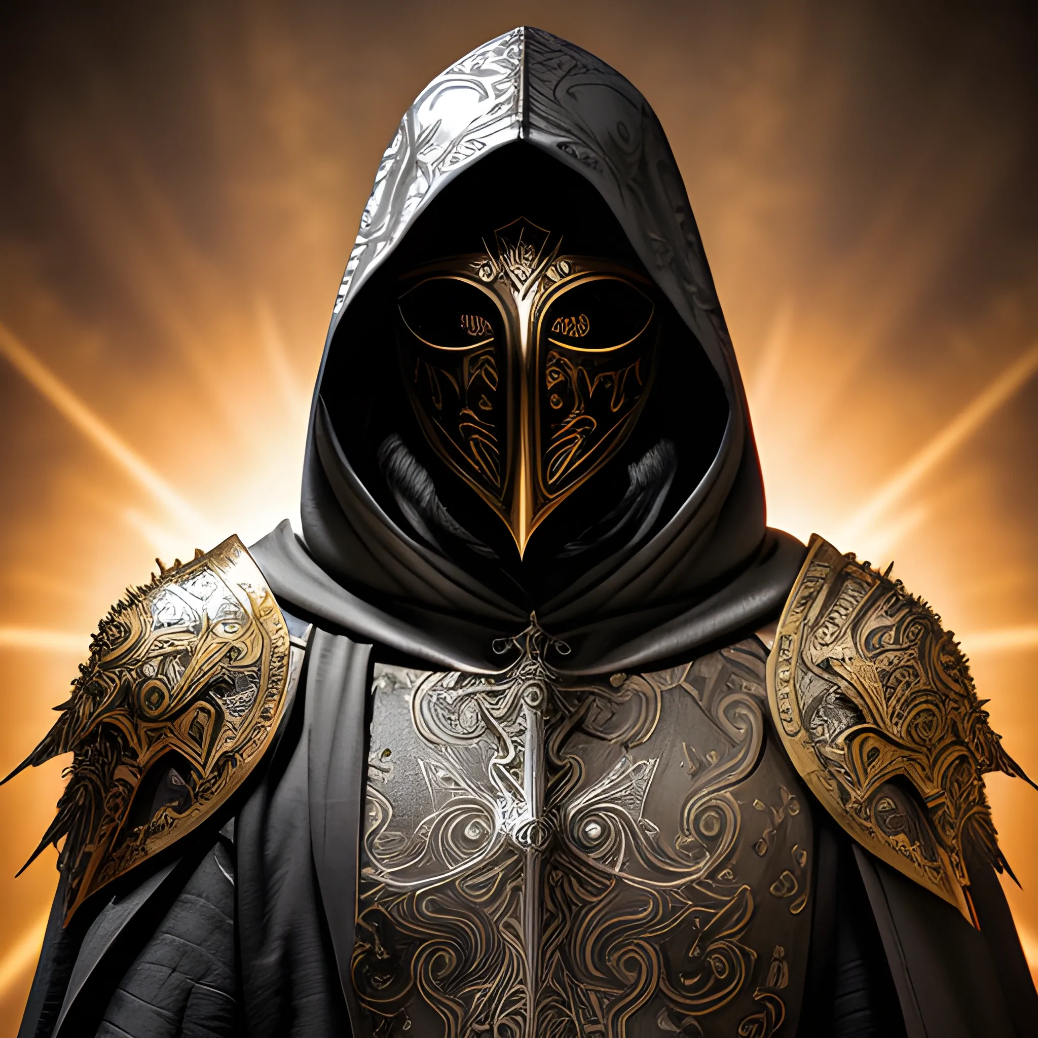 Create a realistic detailed and intricate image of a scourge aasimar paladin wearing a hooded cloak and a heavy metal tattoo like mask that covers his face. His eyes glow gold like a light source. Background is heavenly but dark and eerie.