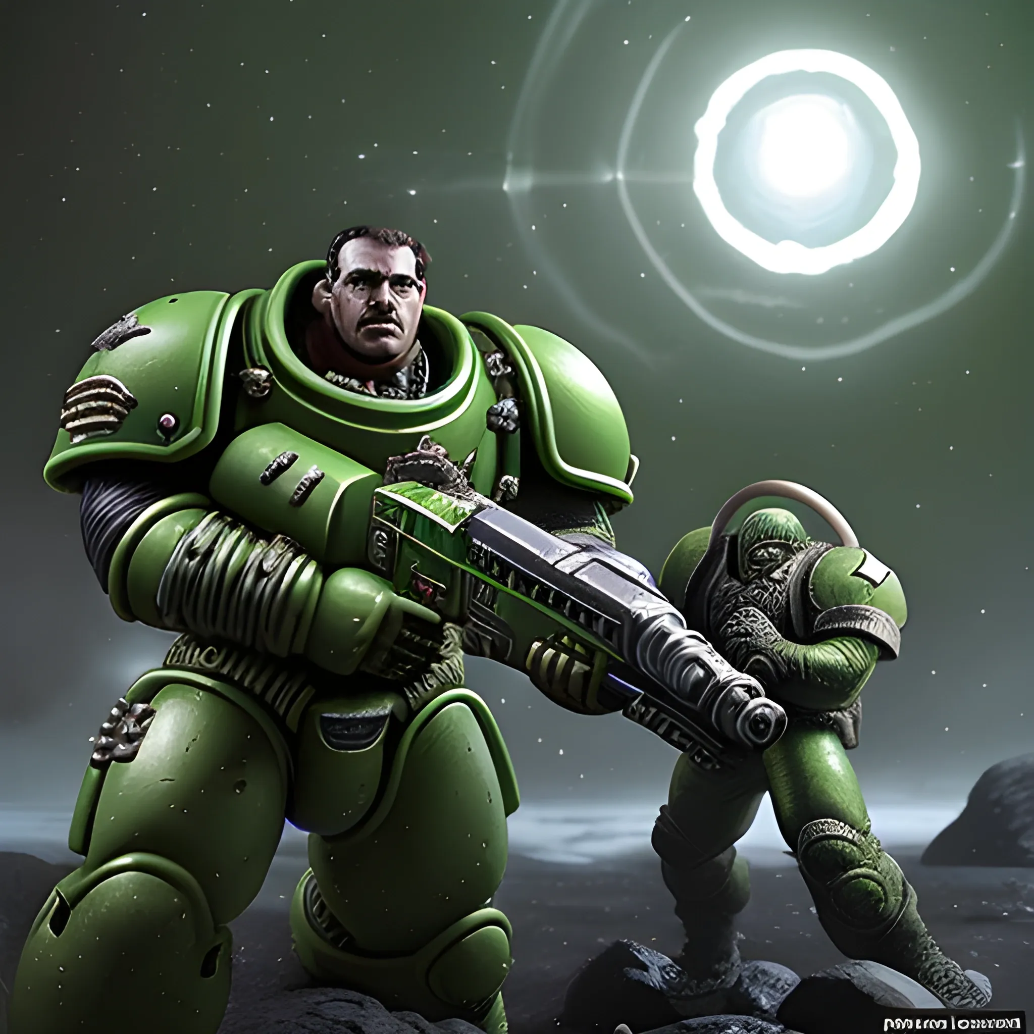 Create a hyper realistic green space marine fighting deep in the unknown