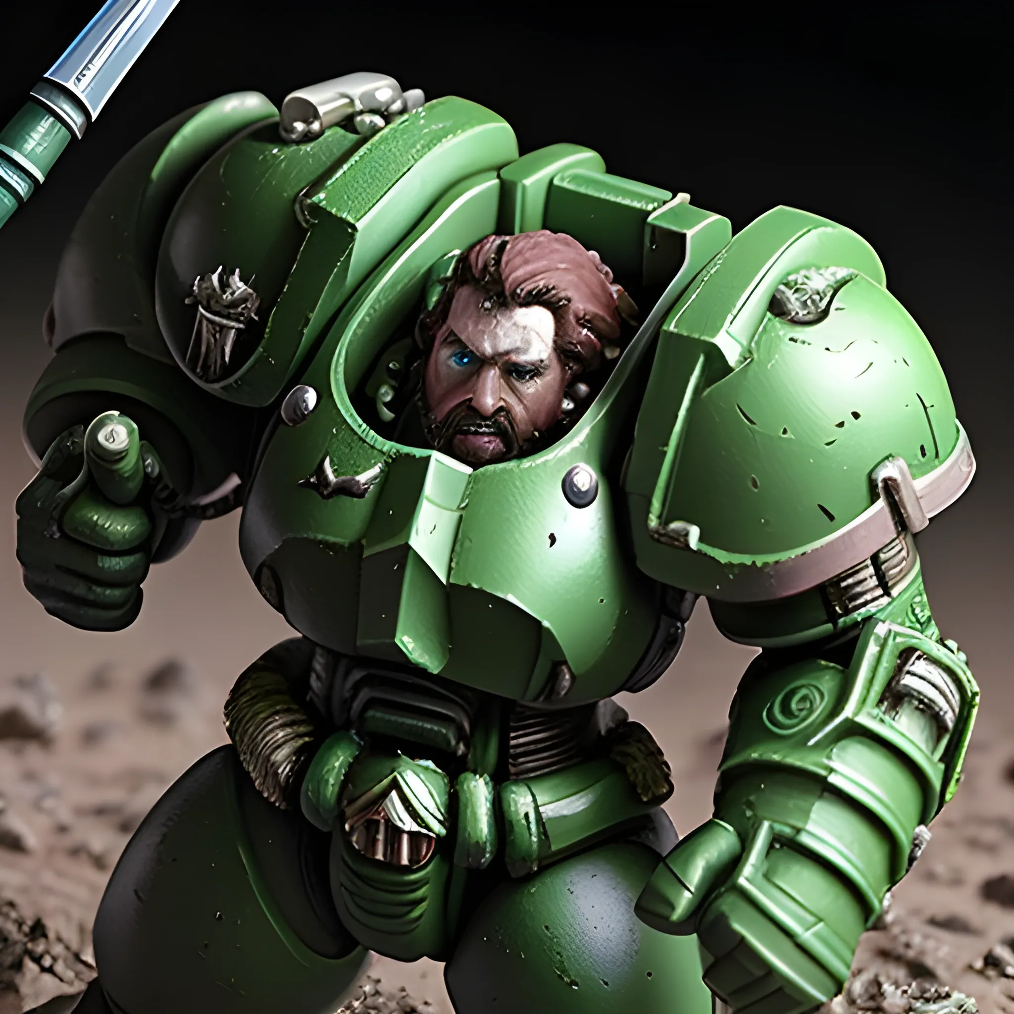 Create a hyper realistic green space marine fighting deep in the unknown along side their primarch 