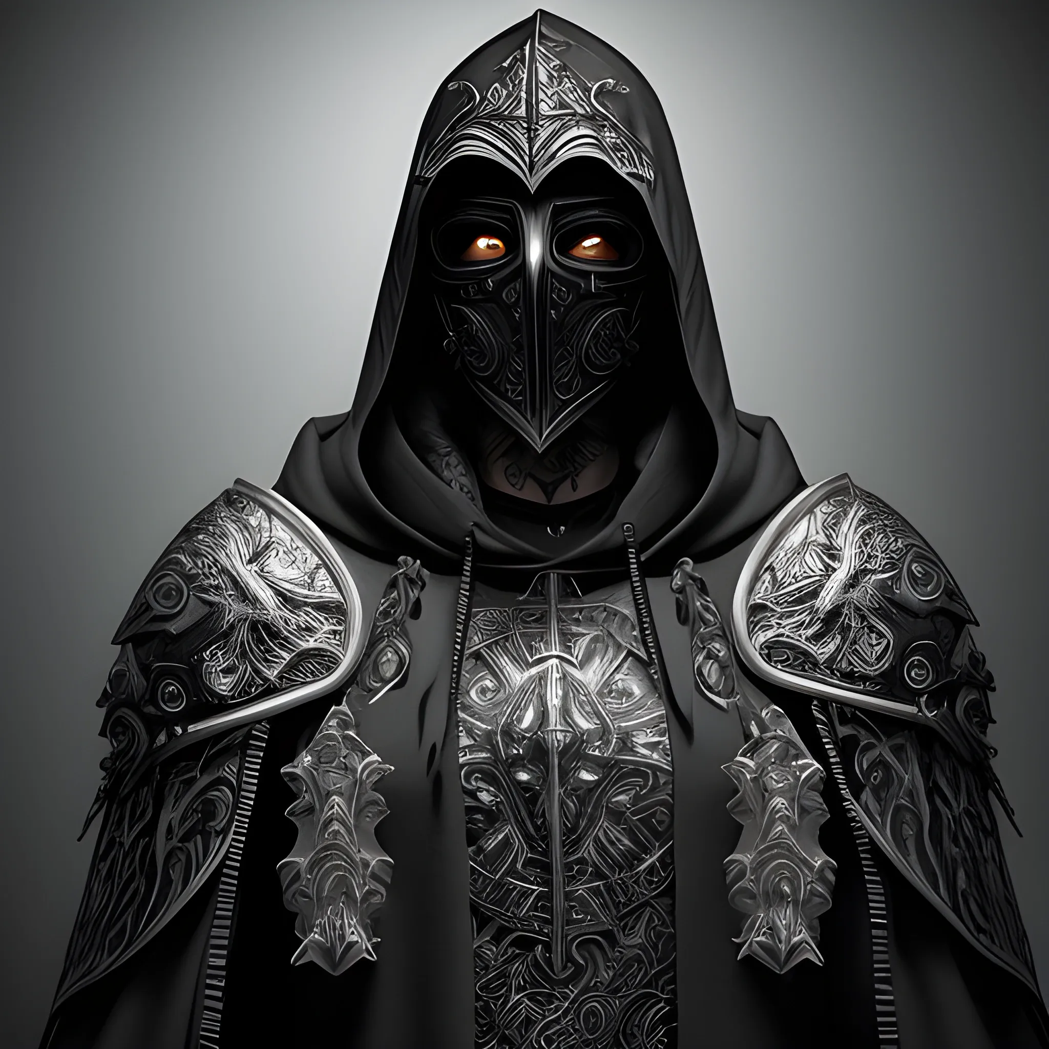 Create a realistic detailed and intricate image of a scourge aasimar paladin wearing a hooded cloak and a heavy metal tattoo like mask that covers his face. Light shines from his eyes like flashlights. Background is heavenly but dark and eerie.