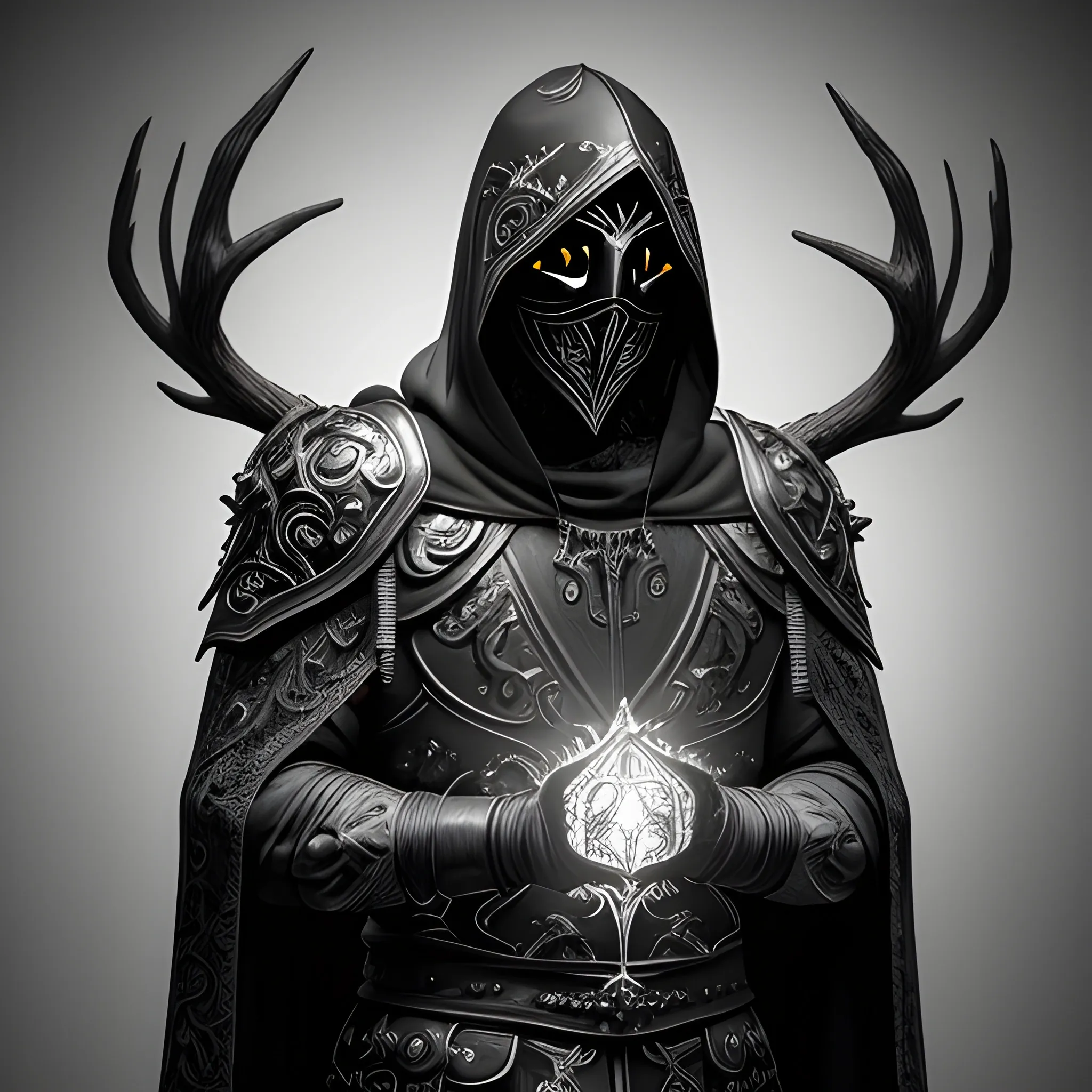 Create a realistic detailed and intricate image of a scourge aasimar paladin wearing a hooded cloak and a heavy metal tattoo like mask that covers his face. Both eye sockets glow bight with radiant light as if a deer in the headlights. Background is heavenly but dark and eerie.