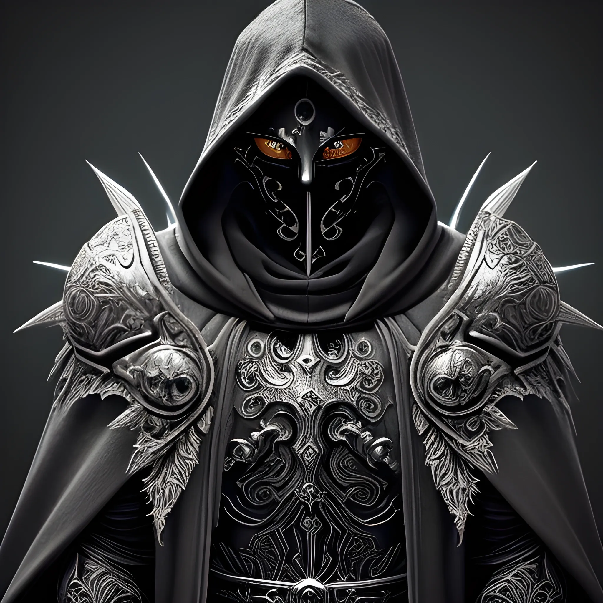 Create a realistic detailed and intricate image of a scourge aasimar paladin wearing a hooded cloak and a heavy metal tattoo like mask that covers his face. Both eye sockets glow bight with radiant light as if he were super saiyan Background is heavenly but dark and eerie.