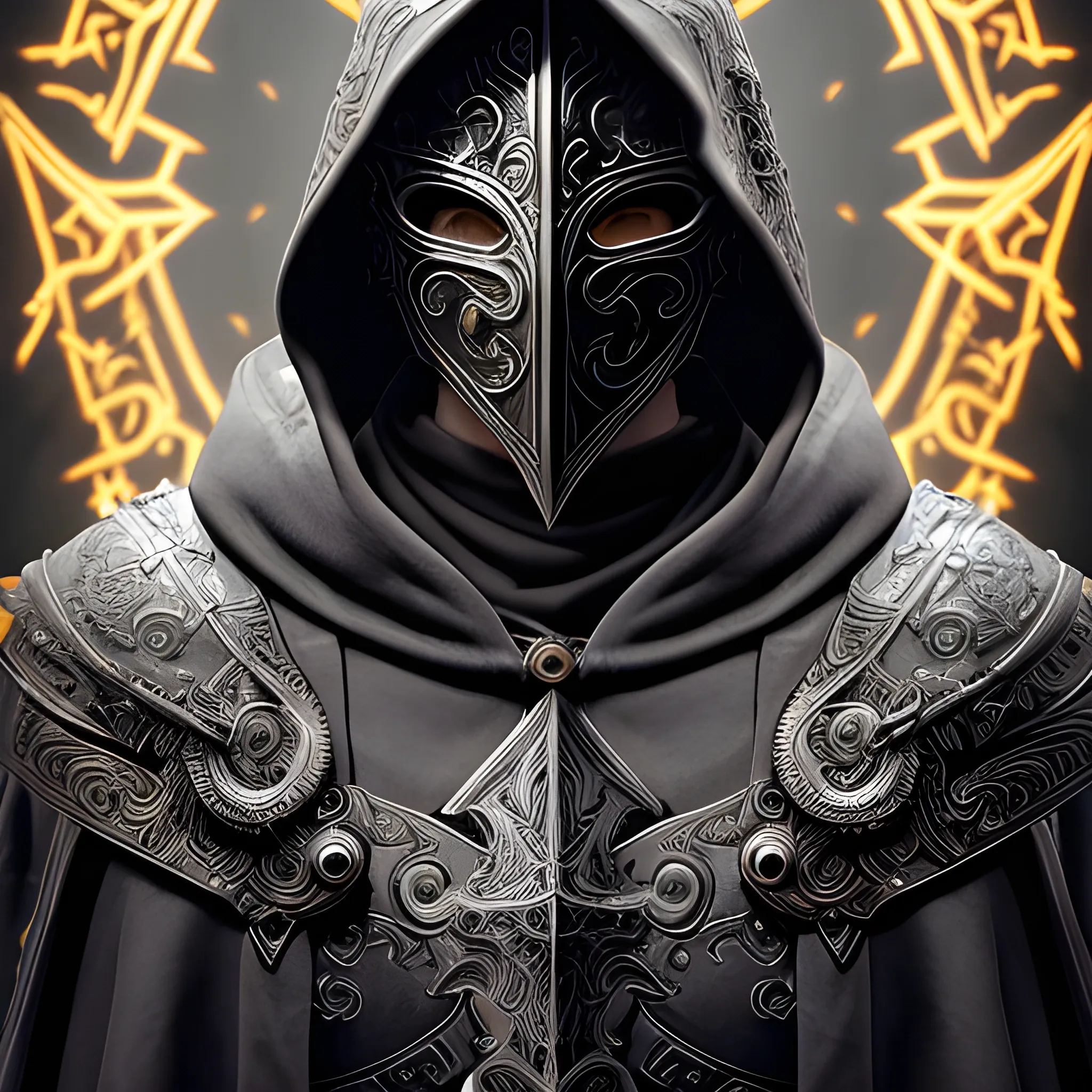 Create a realistic detailed and intricate image of a scourge aasimar paladin of conquest wearing a hooded cloak and a metal tattoo like mask that covers his face. Both eye sockets glow bright with radiant light as if he were super saiyan Background is heavenly but dark and eerie.