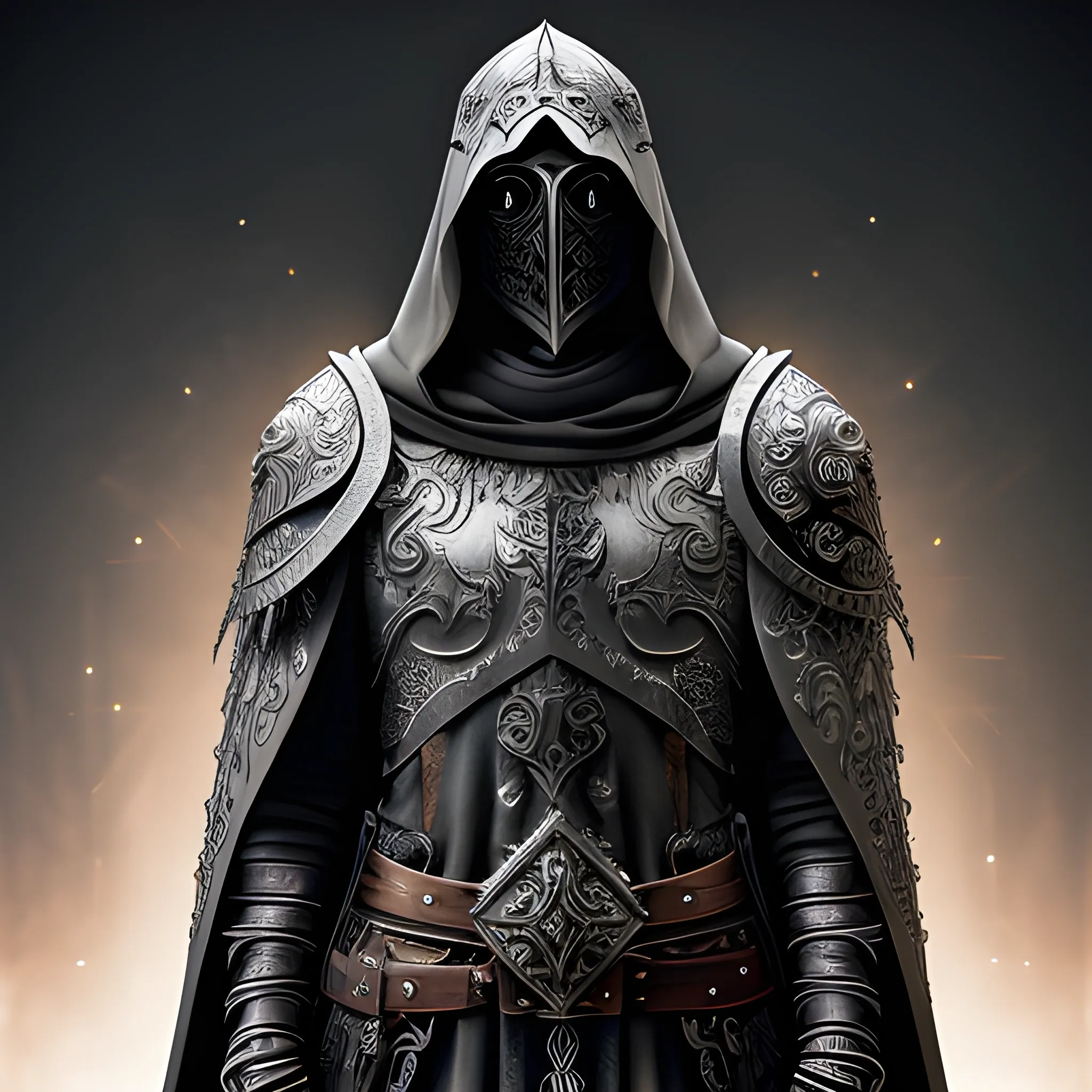 Create a realistic detailed and intricate image of a scourge aasimar paladin of conquest wearing a hooded cloak and a metal tattoo like mask that covers his face. His eyes glow bright like a light. Background is heavenly but dark and eerie.