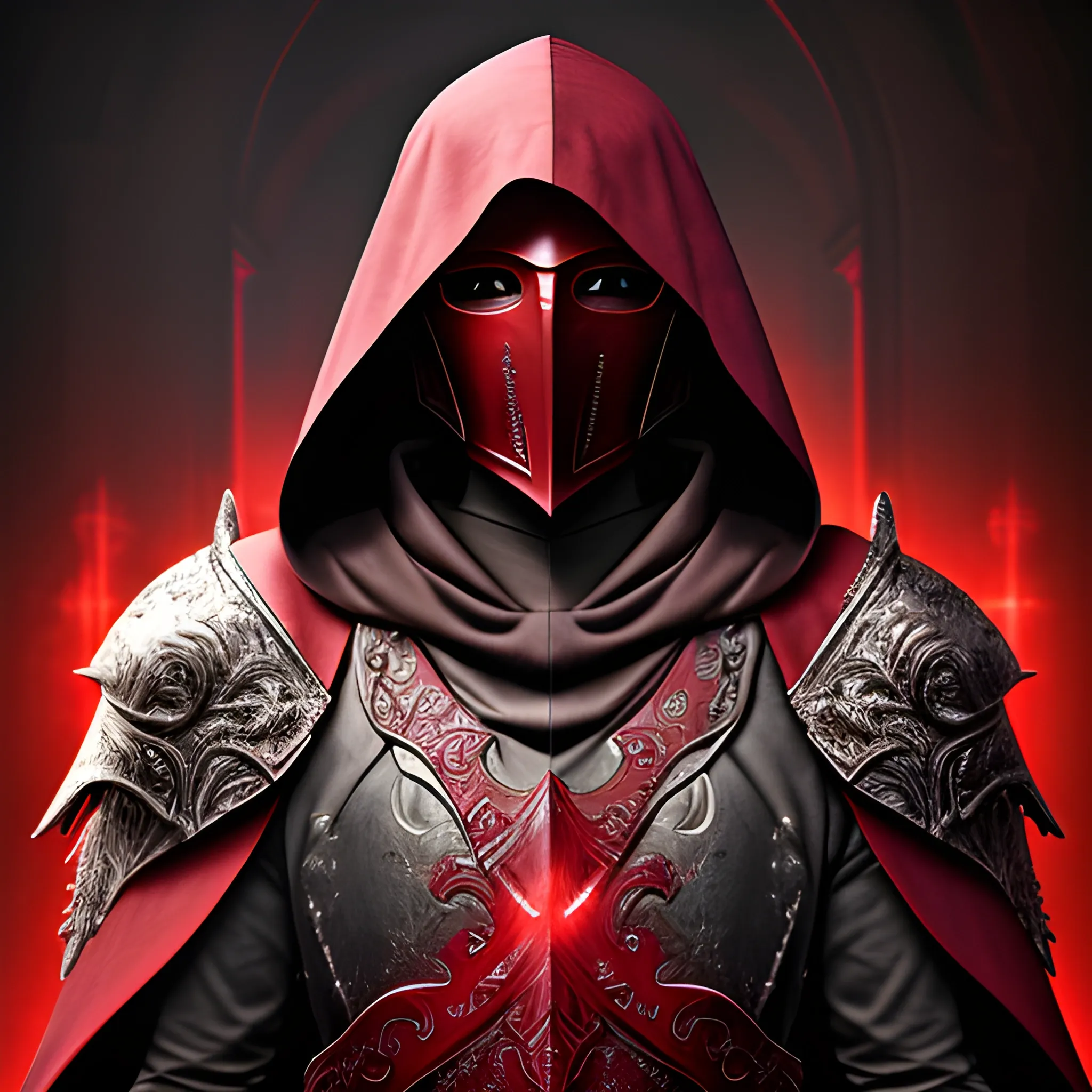 Create a realistic detailed and intricate image of a scourge aasimar paladin of conquest wearing a hooded cloak and a crimson red mask that covers his face. His eyes glow bright like a light. Background is heavenly but dark and eerie.