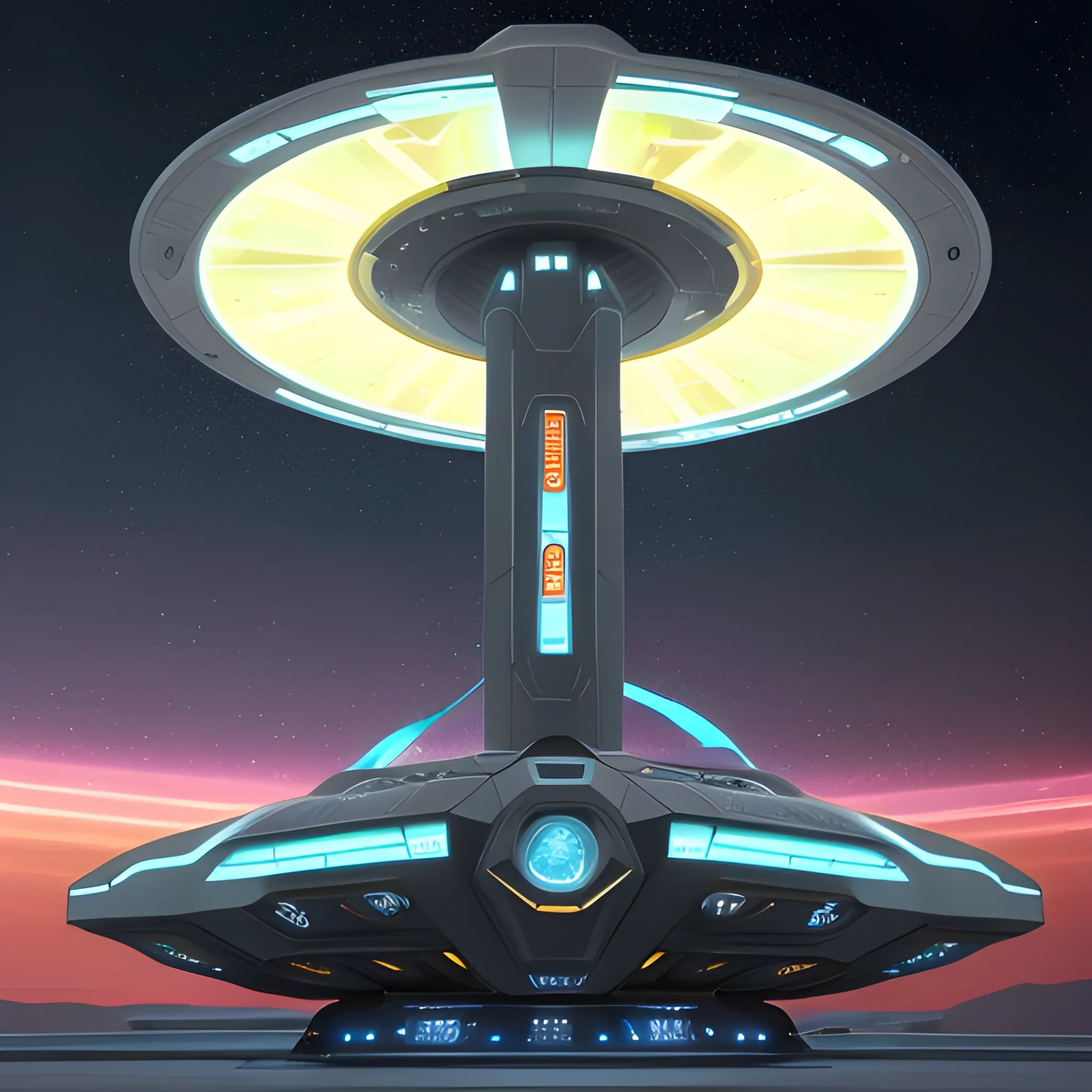 Make a cyberpunk starship with a flat surface of 108' main body.It has twin crystal nacelles, that are 24' in diameter with a lime green light emanating from its center,on a 45° angle & 48' above the back of the Starship.There's filled in figure 8 shaped upper section, that is 24' high by 144' long by 96' wide, at a 75° angle from the main body. Its colors are dark gold, sky blue, with red accents. The starship flys around the planet Saturn, with moons, and thousands of stars in the background.