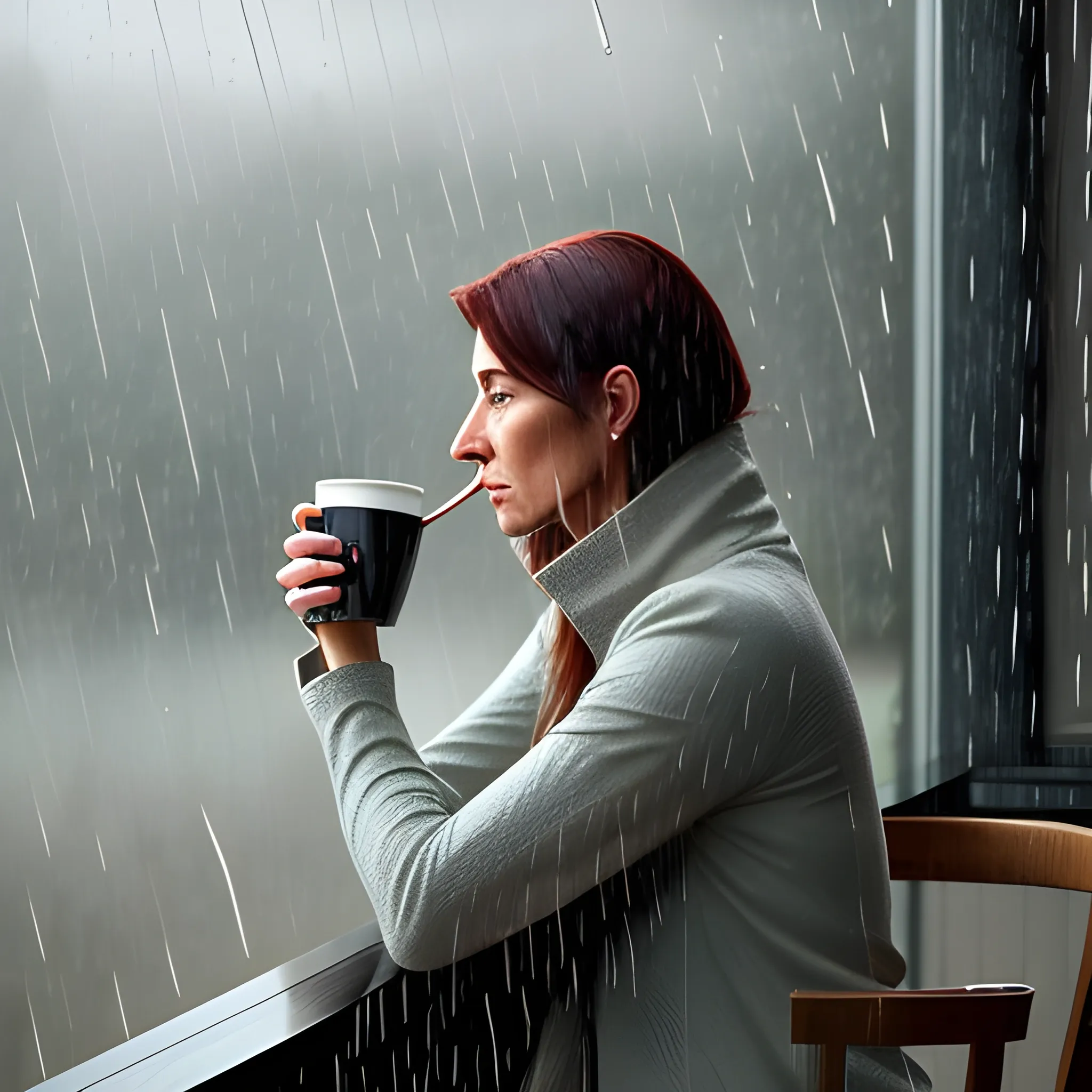 a young woman watches the rain falling heavy while sitting calmly drinking her coffee, one drop of rain window 