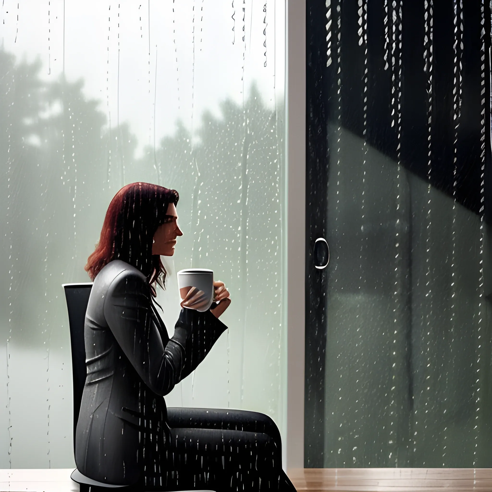 a young woman watches the rain falling heavy while sitting calmly drinking her coffee, outside of rain window 