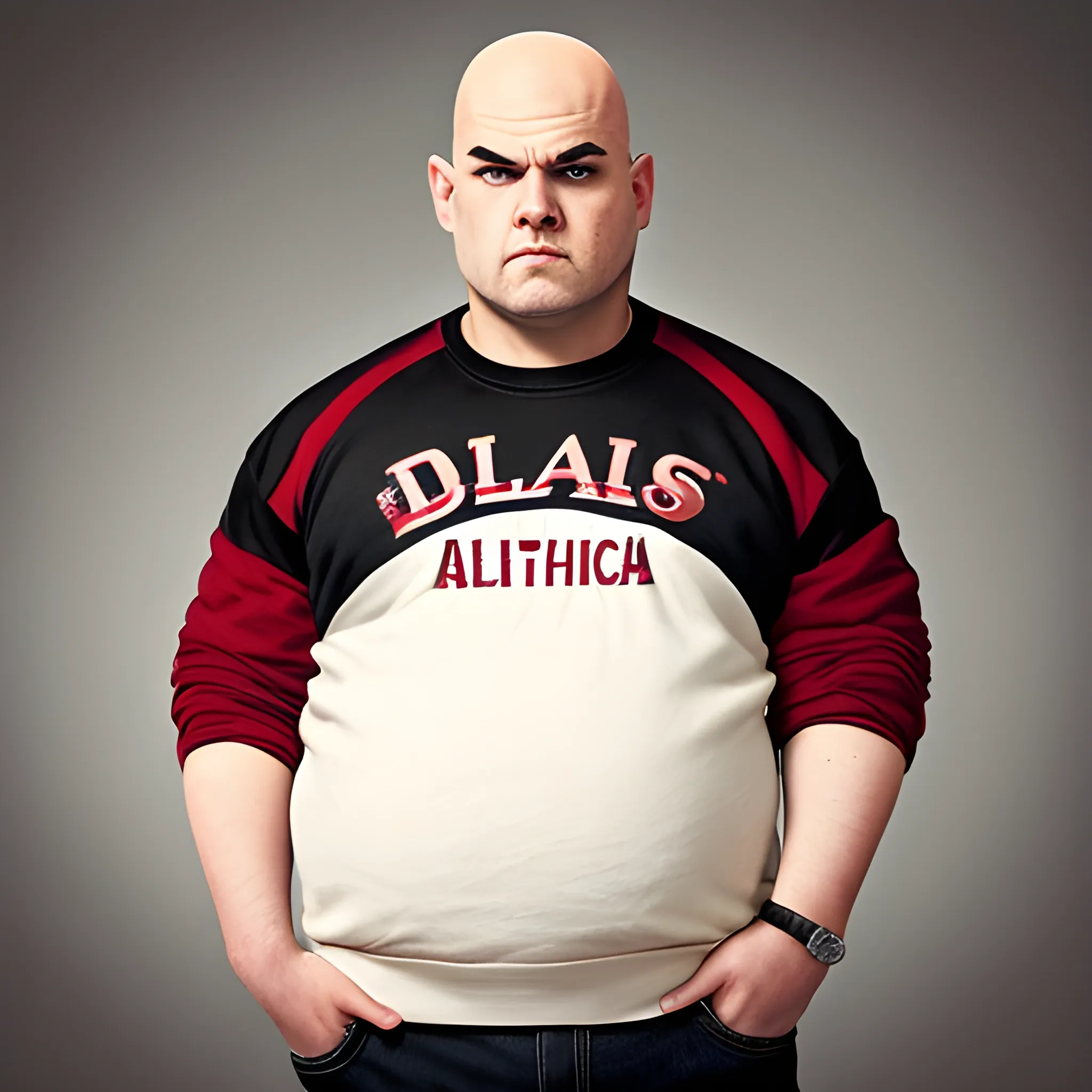 short fat bald version of Dallas Winston from The Outsiders, wearing a black and red fraternity sweater that says Alpha Sigma Phi on the sweater.  He is giving the "mean mug" look trying to look tough and mean.