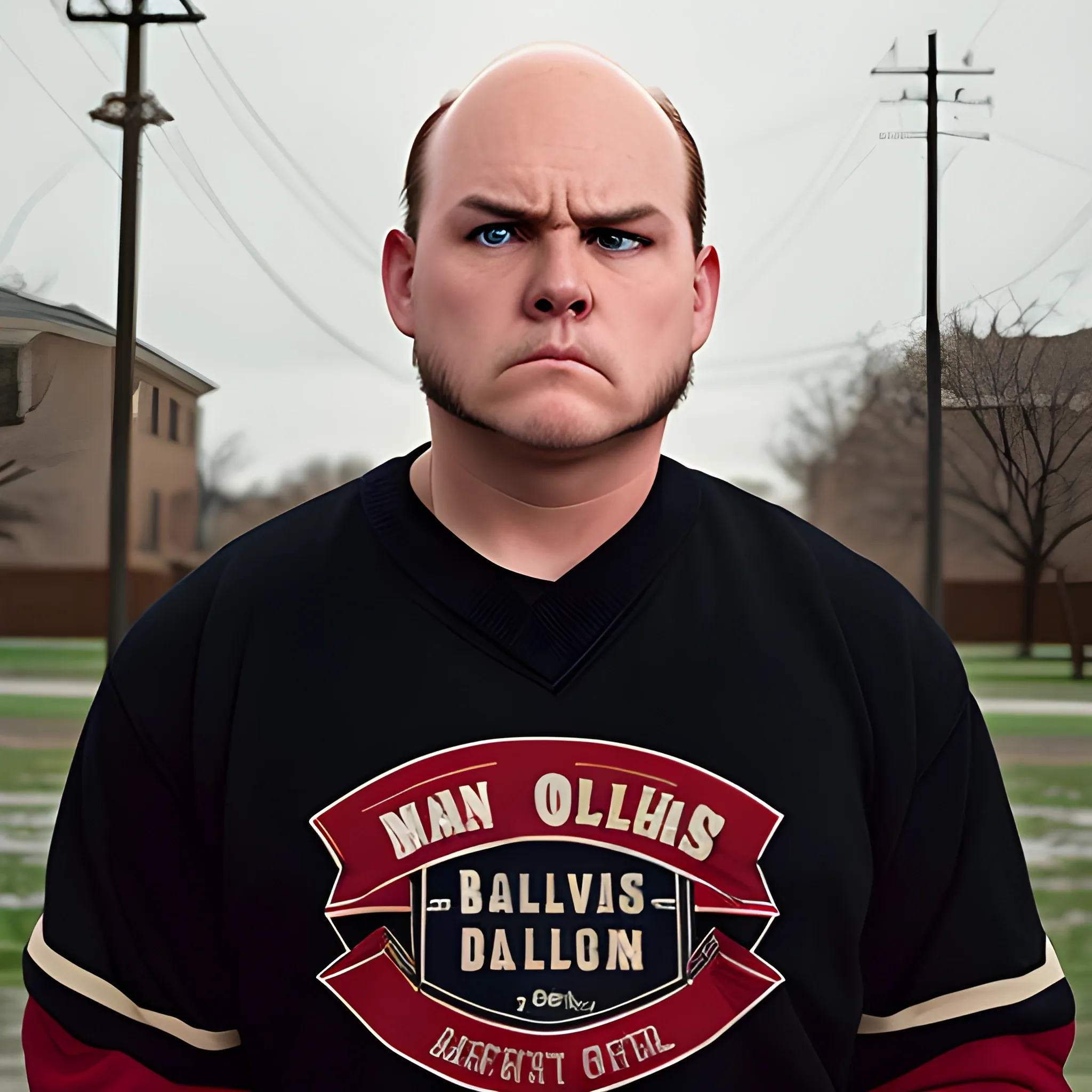 short fat balding high hair line version of Dallas Winston from The Outsiders, wearing an old traditional college button black and red fraternity sweater that says "Phi" on the sweater.  He is giving the "mean mug" look trying to look tough and mean.