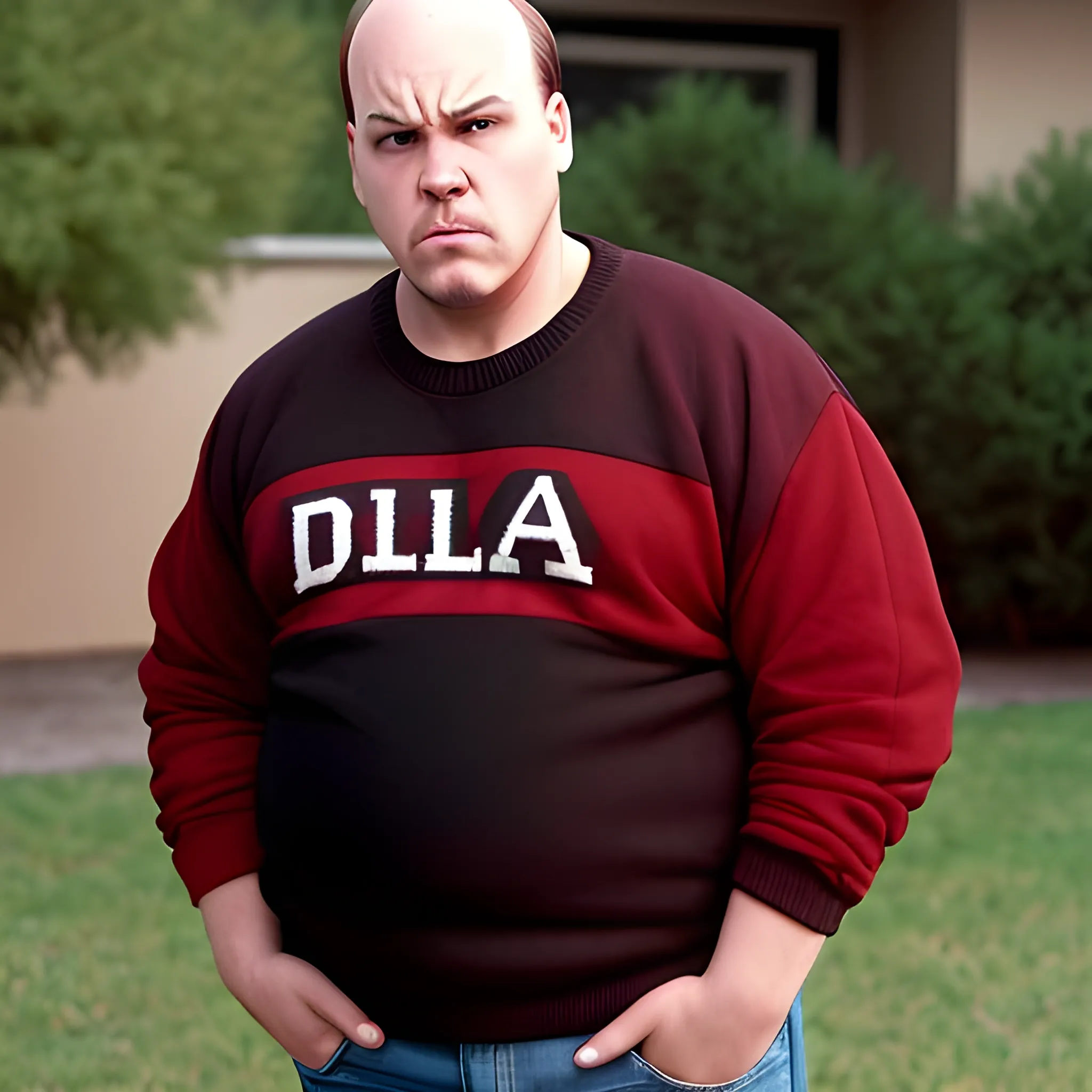 short fat balding high hair line version of Dallas Winston from The Outsiders, wearing a  black and red button fraternity sweater that says "Phi" on the sweater. The sweater is too short on his fat body. He is giving the "mean mug" look trying to look tough and mean.