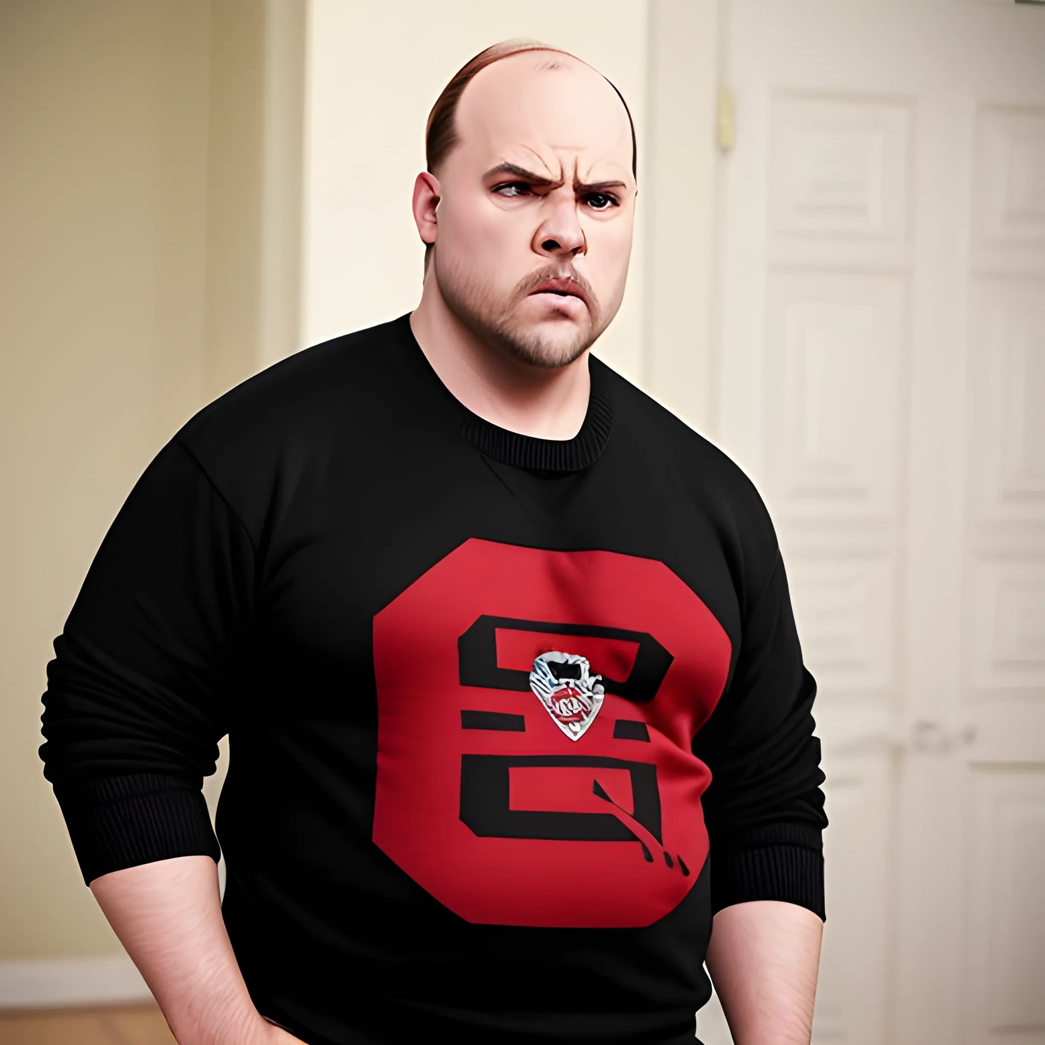 short fat balding high hair line version of Dallas Winston from The Outsiders, wearing a  black and red button open fraternity sweater that has the greek letters "A" "S" "P" on the sweater. The sweater is too short on his fat body. He is giving the "mean mug" look trying to look tough and mean.