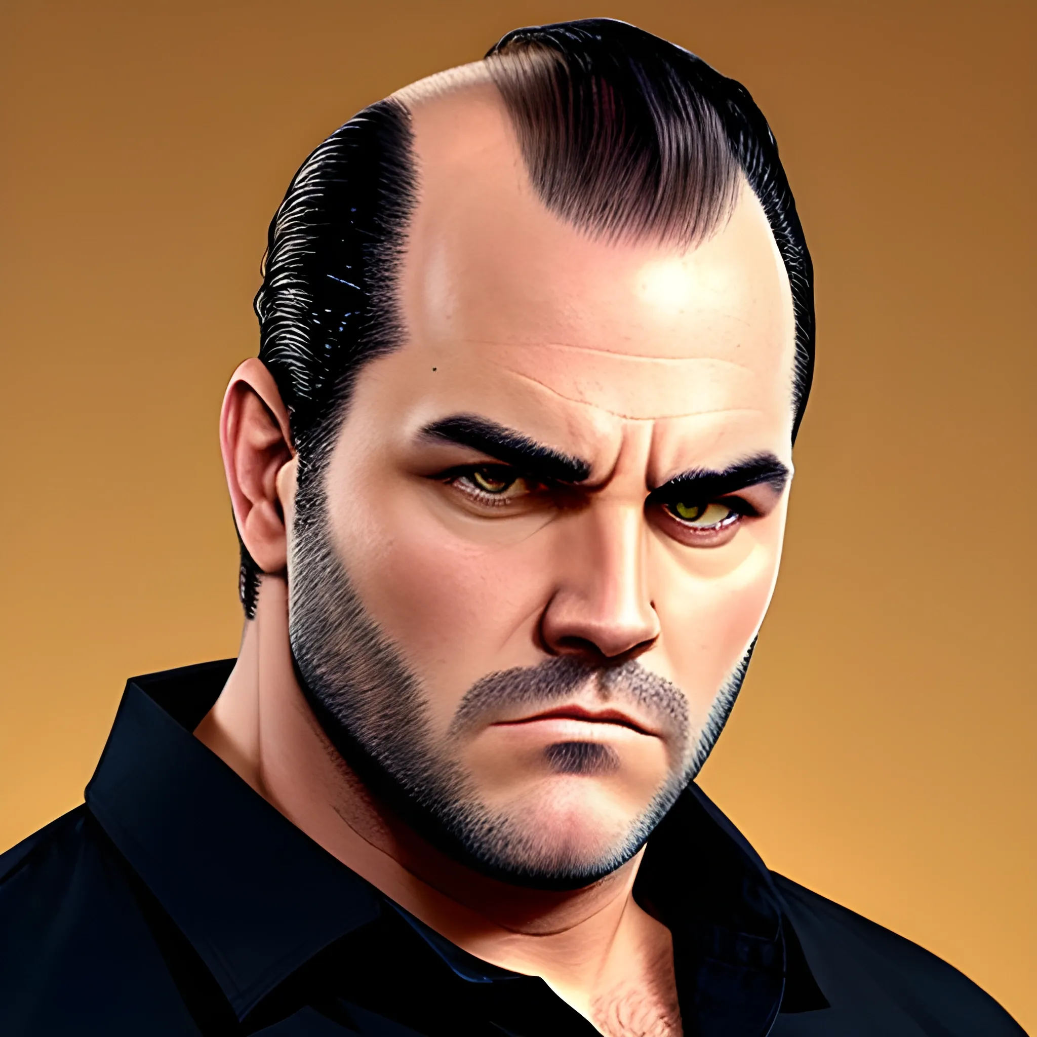 short fat balding high hair line version of Dallas Winston from The Outsiders, wearing a  black and red button  fraternity shirt that has the greek letters "PHI" on the button shirt that is too small for his fat belly. He is giving the "mean mug" look trying to look tough and mean.