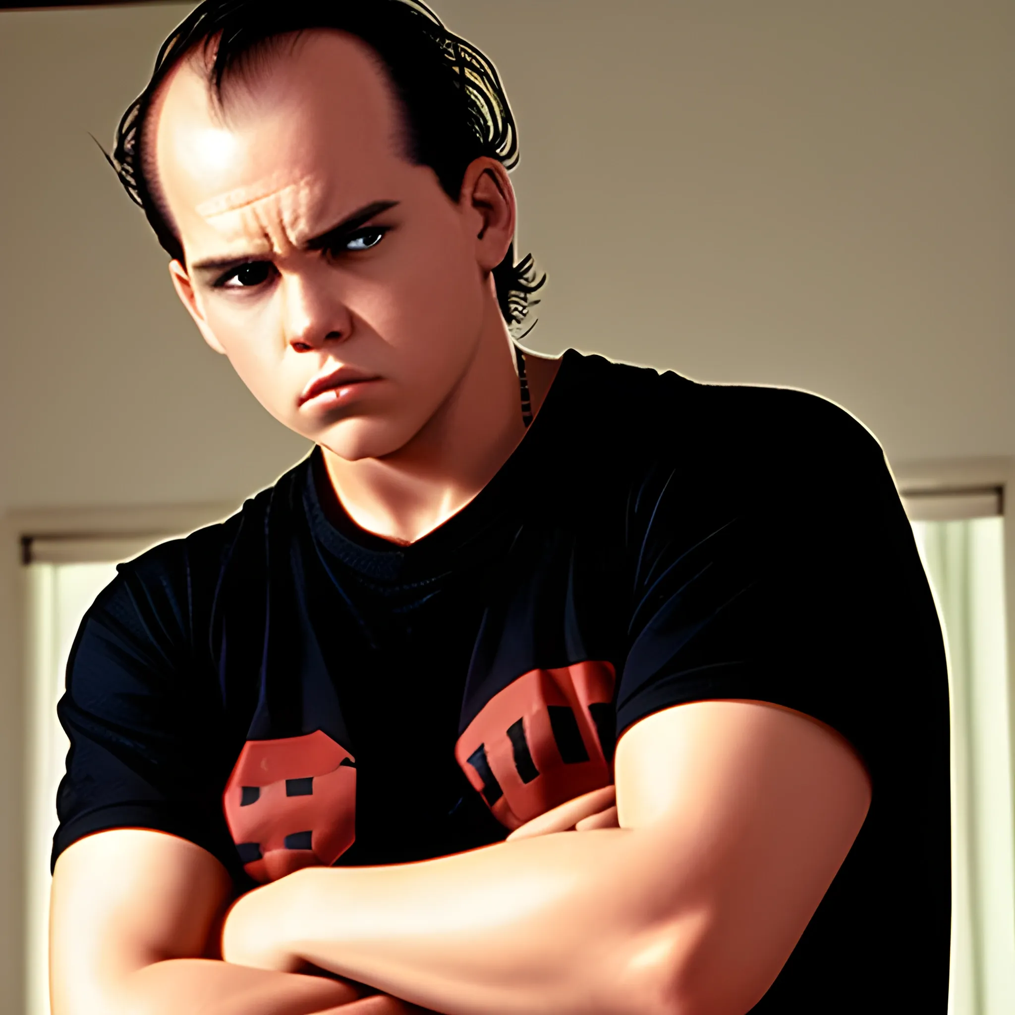 short fat balding high hair line version of Dallas Winston from The Outsiders, wearing a black and red button  fraternity shirt that says "PHI".   He is giving the "mean mug" look trying to look tough and mean.