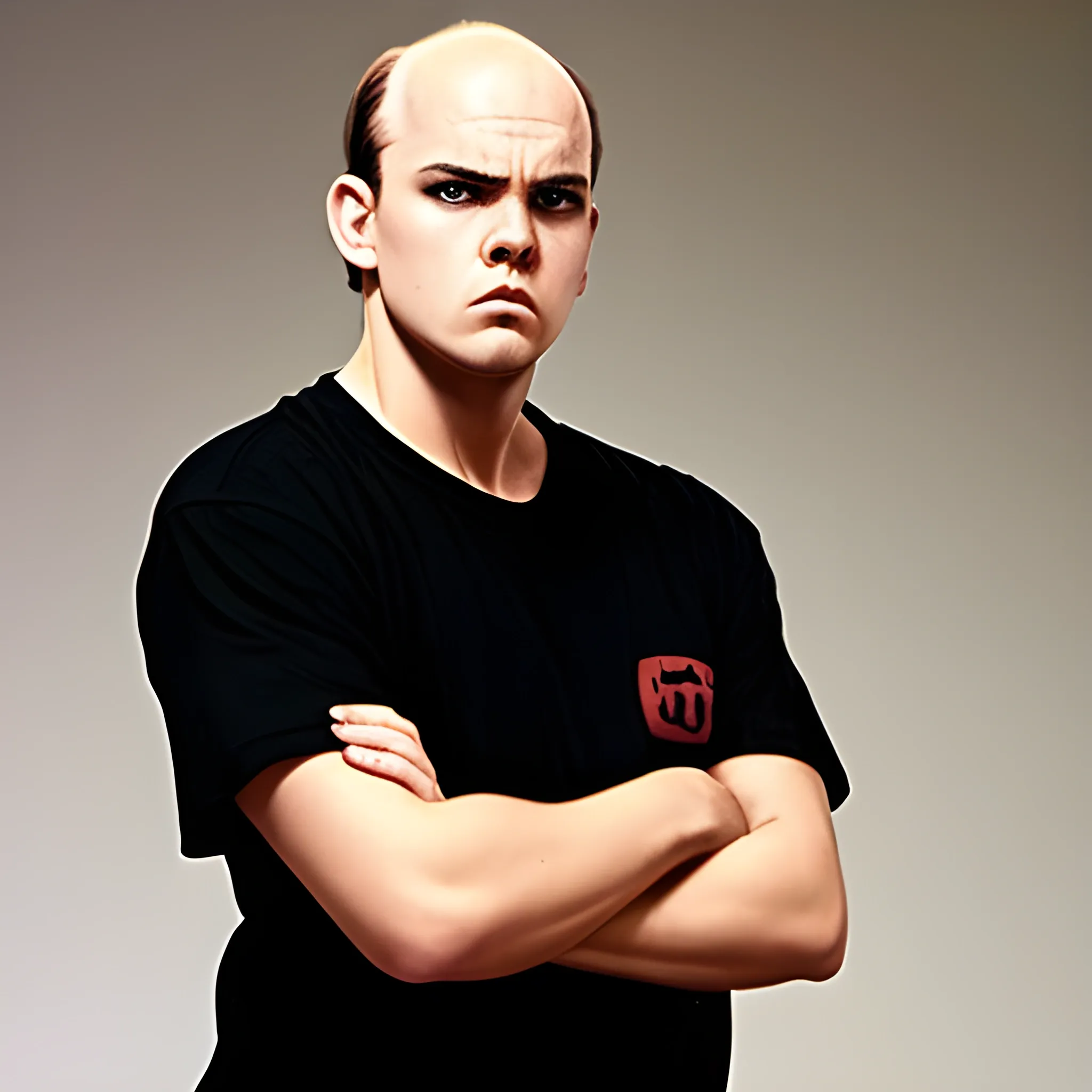 short fat balding high hair line version of Dallas Winston from The Outsiders, wearing a black and red button  fraternity shirt that says "PHI".   He is giving the "mean mug" look trying to look tough and mean.