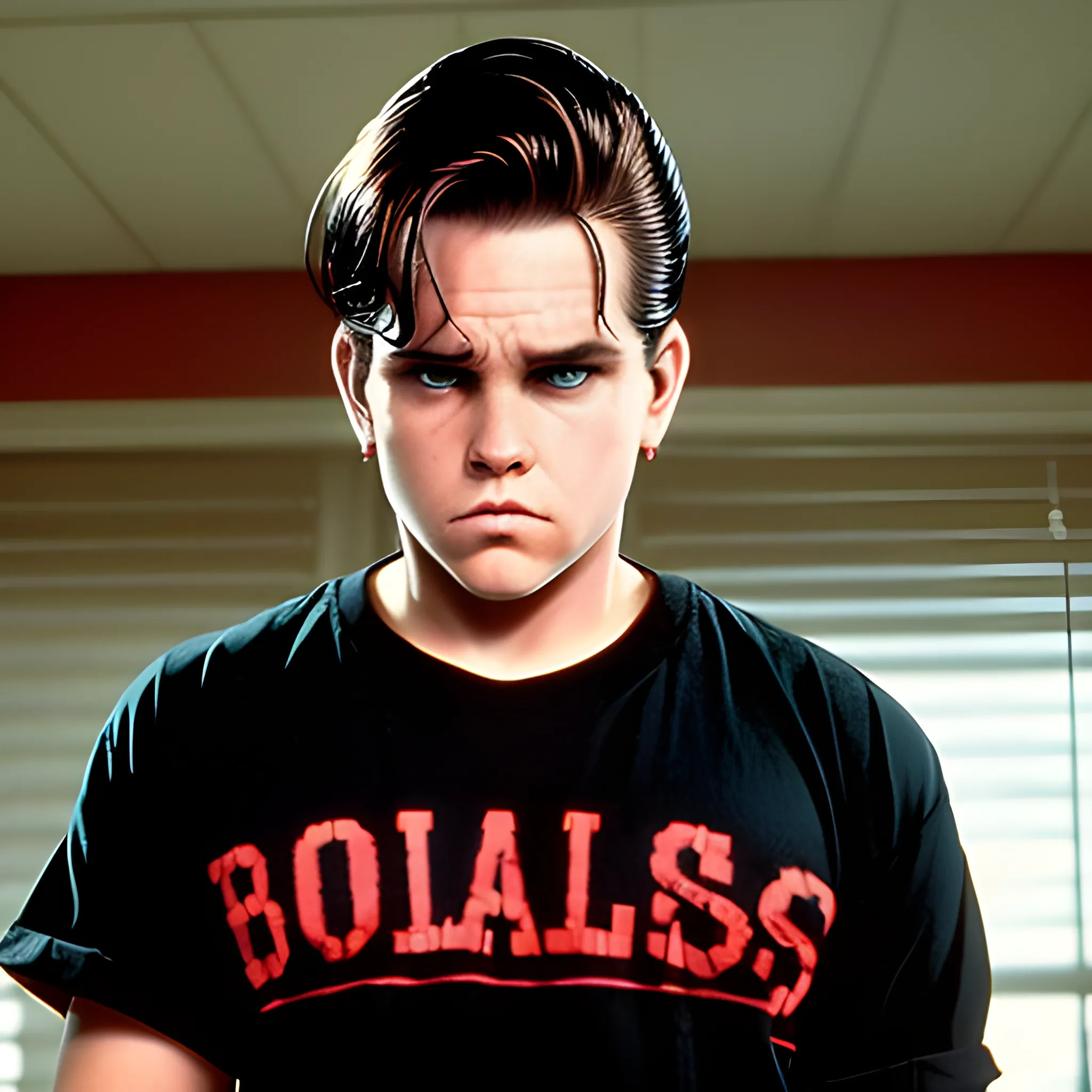 A SHORT, FAT, BALDING high hair line version of Dallas Winston from The Outsiders, wearing a black and red button  fraternity shirt that says "PHI".   He is giving the "mean mug" look trying to look tough and mean.