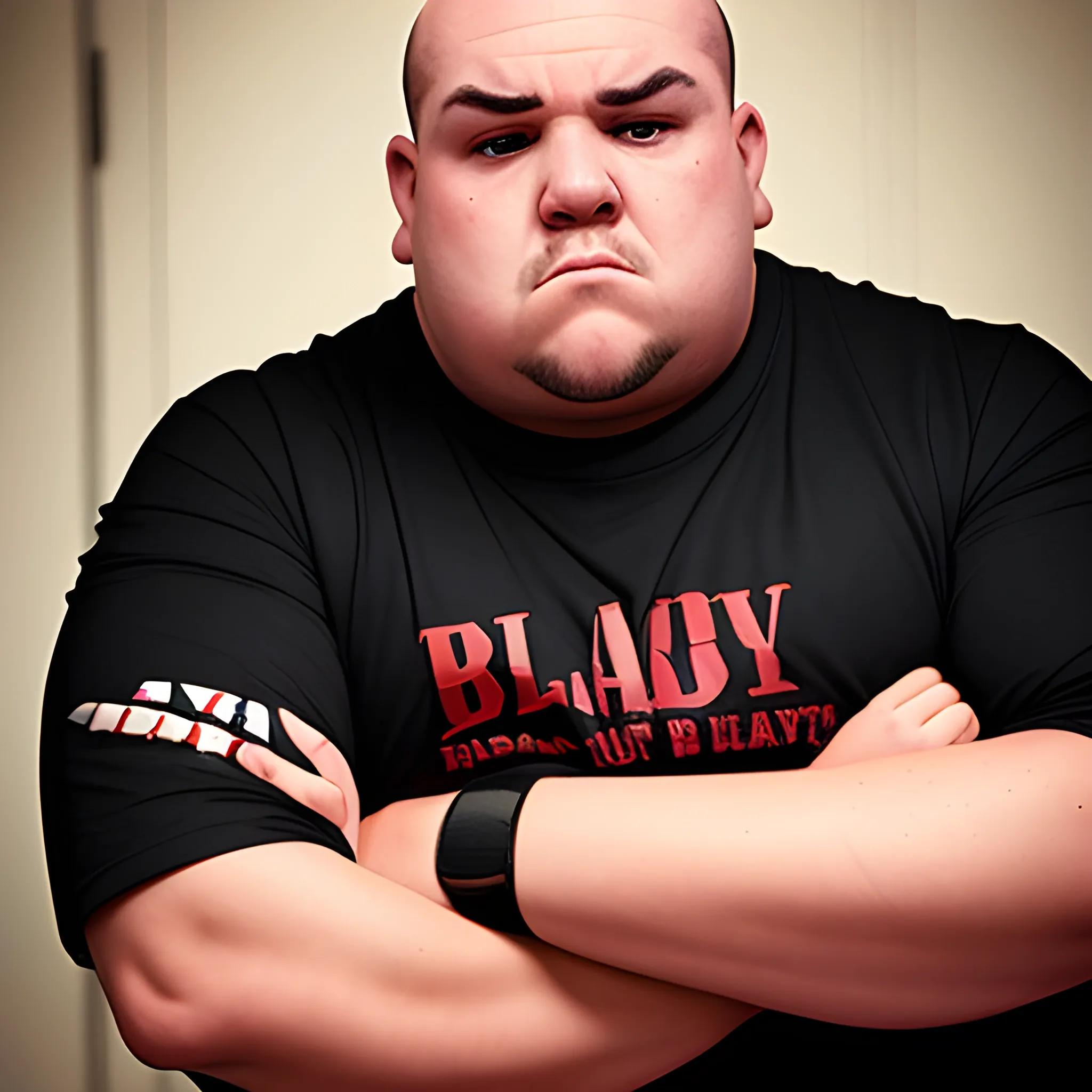 A SHORT, FAT, BALDING high hair line bully, wearing a black and red button fraternity shirt that says "PHI".   He is giving the "mean mug" look trying to look tough and mean.