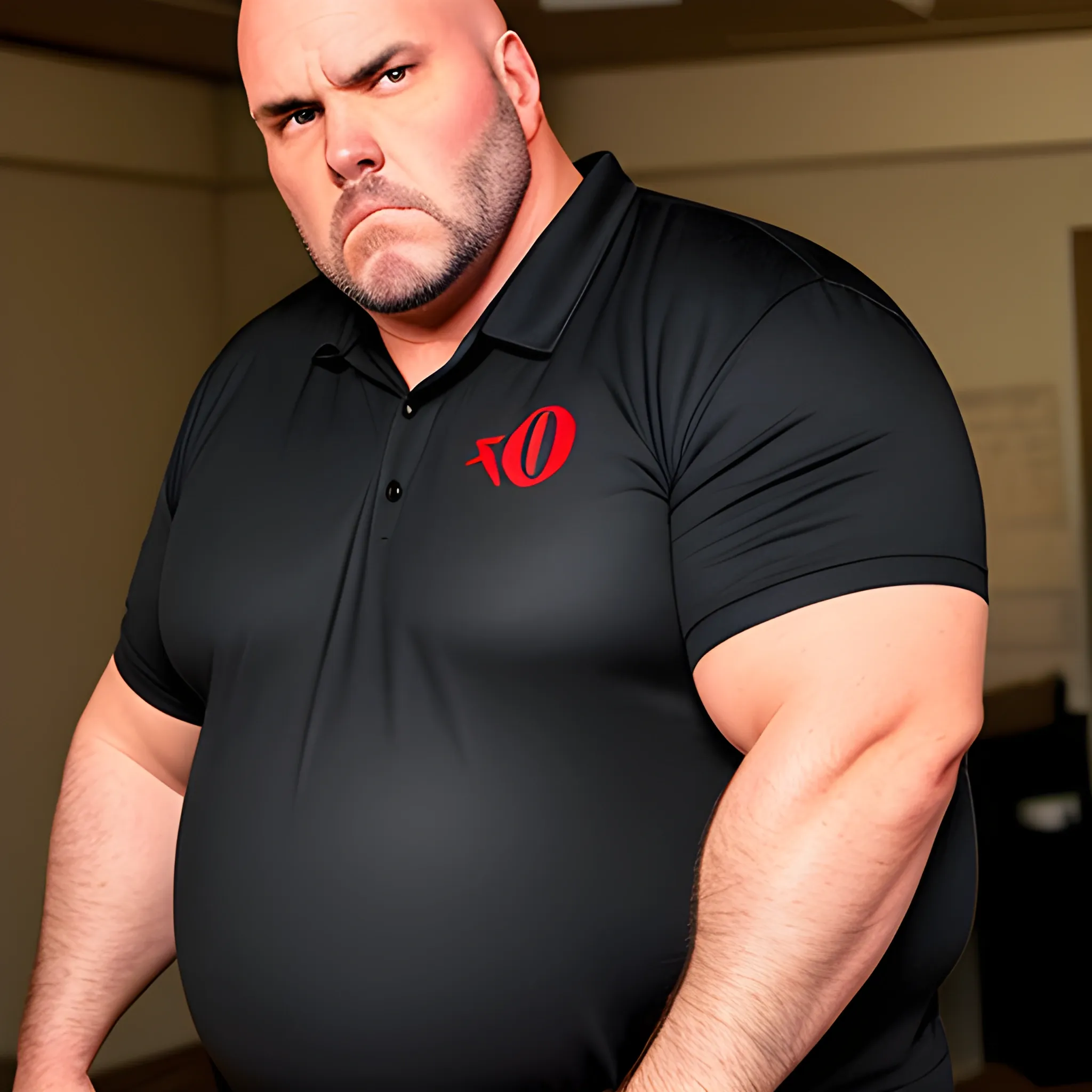 A SHORT, FAT, BALDING high hair line former high school bully, now in his 50s, wearing an old black and red button fraternity shirt that says "PHI".   He is giving the "mean mug" look trying to look tough and mean.