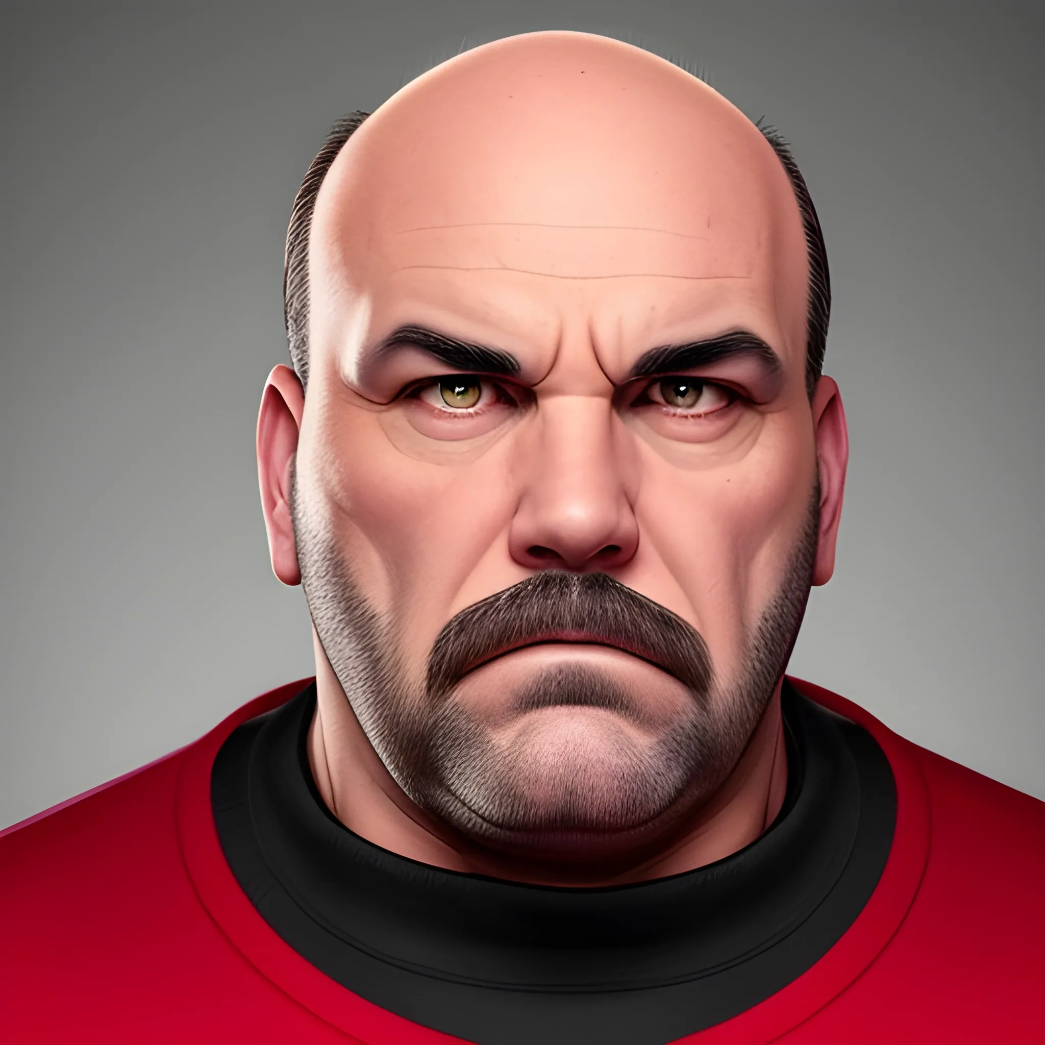 A SHORT, FAT, BALDING high hair line former high school bully, now in his 50s, wearing an old black and red button fraternity sweater that says "PHI".   He is giving the "mean mug" look trying to look tough and mean.