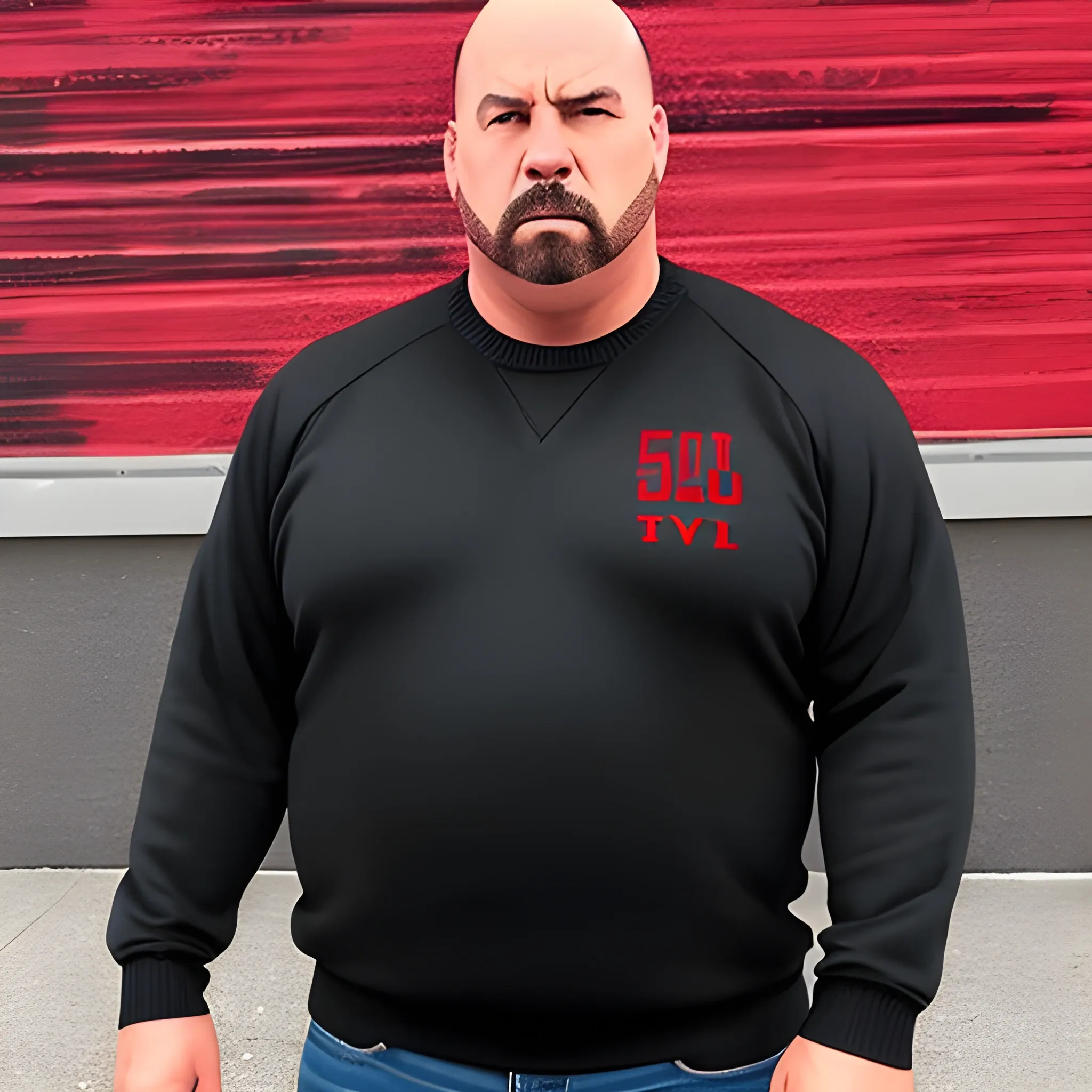 A SHORT, FAT, BALDING high hair line former high school bully, now in his 50s, wearing an old black and red button fraternity sweater that says "PHI".   He is giving the "mean mug" look trying to look tough and mean.
No mustache.