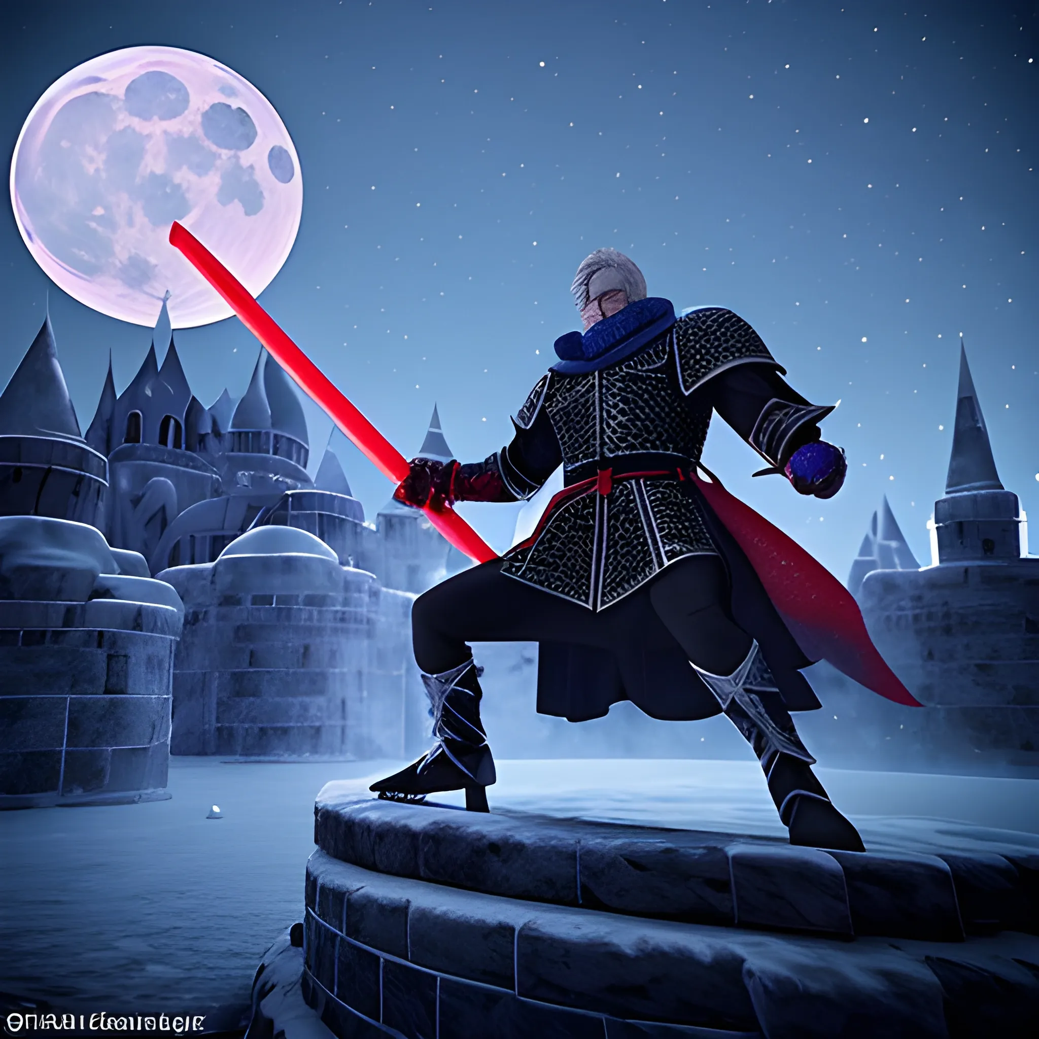 An ice elementalist fighting against The Red Knight in a full moon starry Knight on the outskirts of a Gothic City, 3D, Cartoon