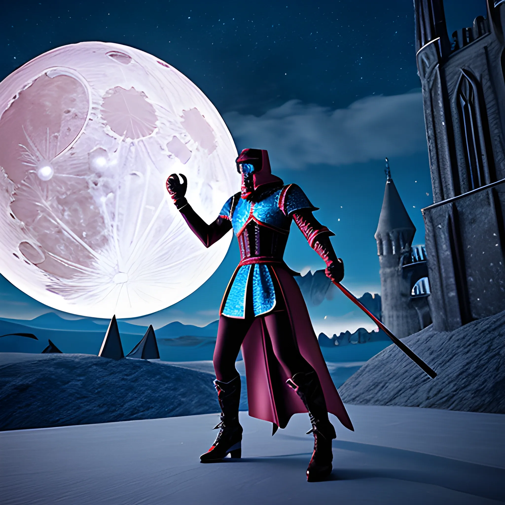 An ice elementalist fighting against The Red Knight in a full moon starry Knight on the outskirts of a Gothic City, 3D, Cartoon, 3D