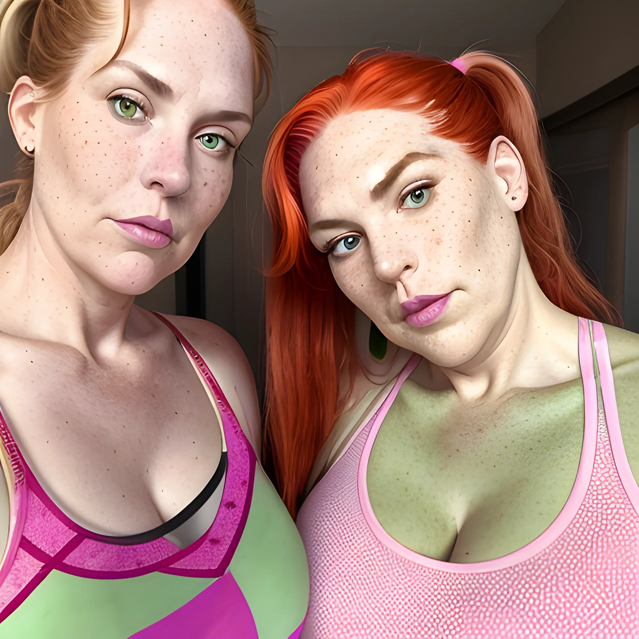 Two tall beautiful plus sized, ample, middle-aged  American Women, long straight red hair, ponytail, full lips, full face, freckles, fitted green and pink patterned tank tops, looking down at the camera, up close pov, detailed, warm lighting 