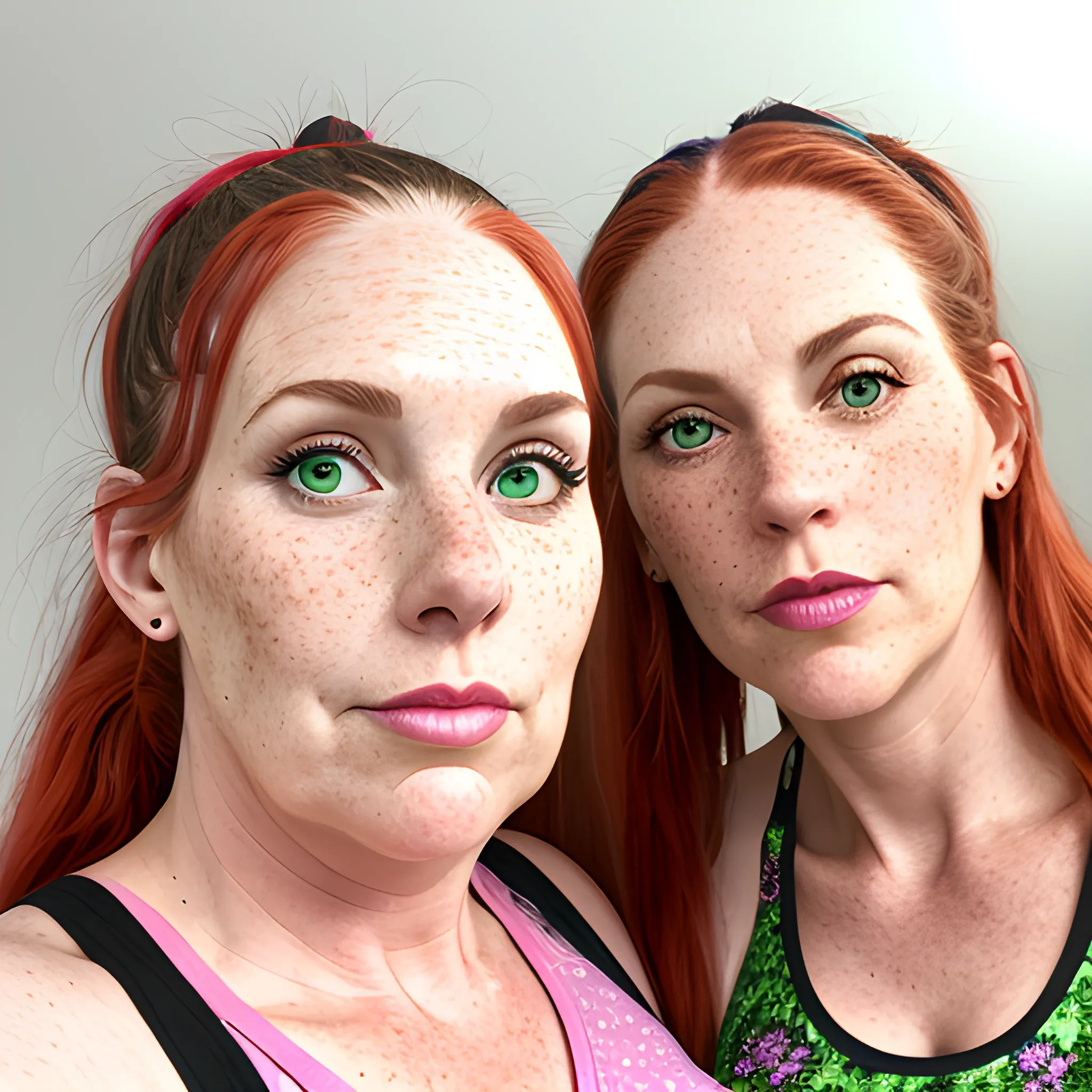 Two tall beautiful plus sized, ample, middle-aged  American Women, long straight red hair, ponytail, full lips, full face, freckles, fitted green and pink patterned tank tops, looking down at the camera, up close pov, detailed, warm lighting 