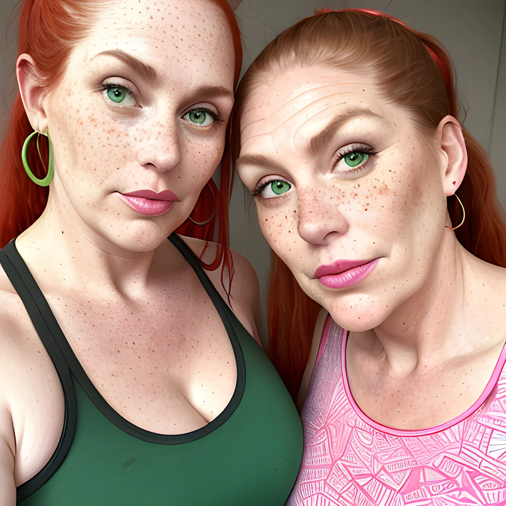 Two tall beautiful plus sized, ample, middle-aged  American Women, long straight red hair, ponytail, full lips, full face, freckles, fitted green and pink patterned tank tops, looking down at the camera, up close pov, detailed, warm lighting 