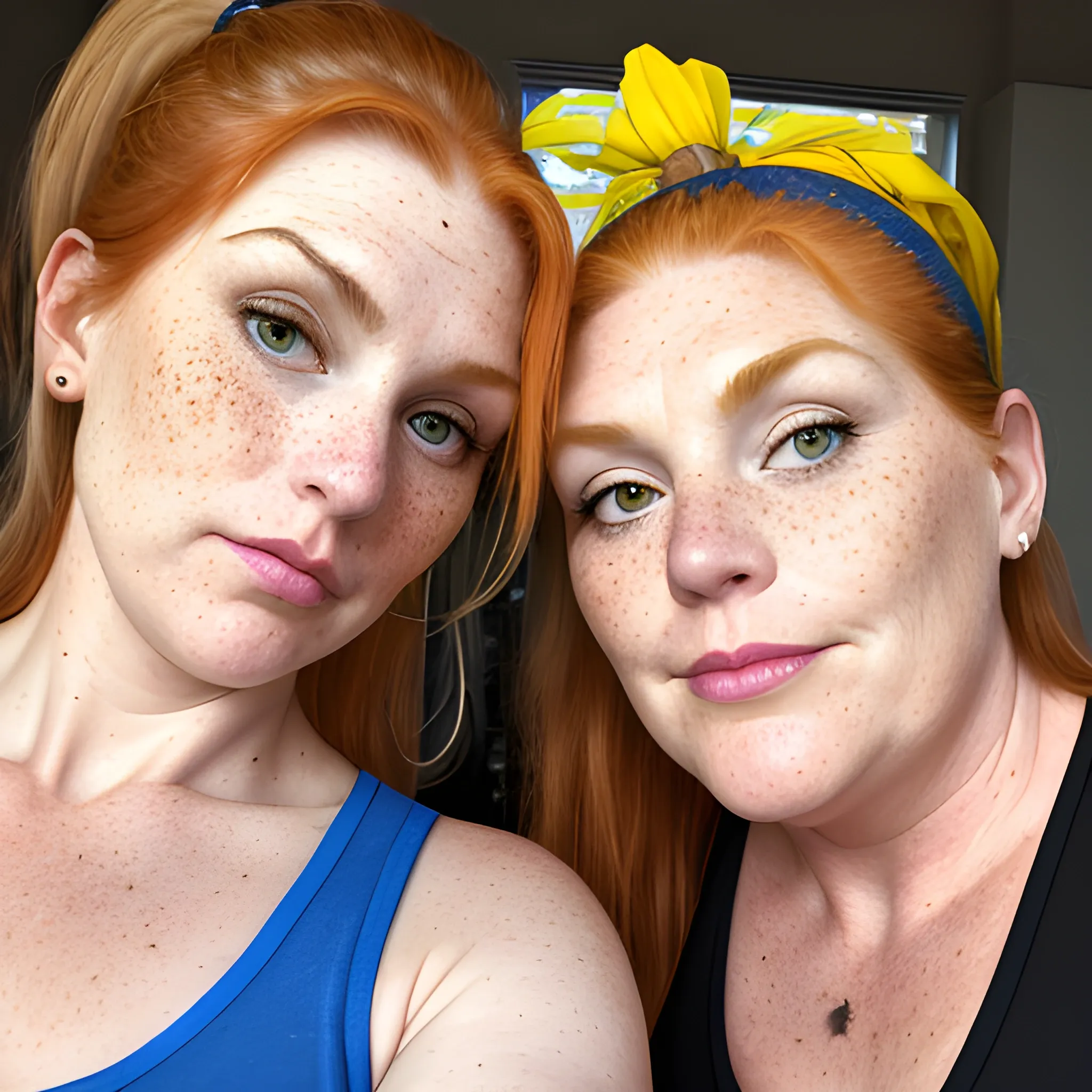 Two tall beautiful plus sized, ample, middle-aged  American Women, long straight ginger hair, ponytail, full lips, full face, freckles, fitted blue and yellow patterned tank tops, looking down at the camera, up close pov, detailed, warm lighting 