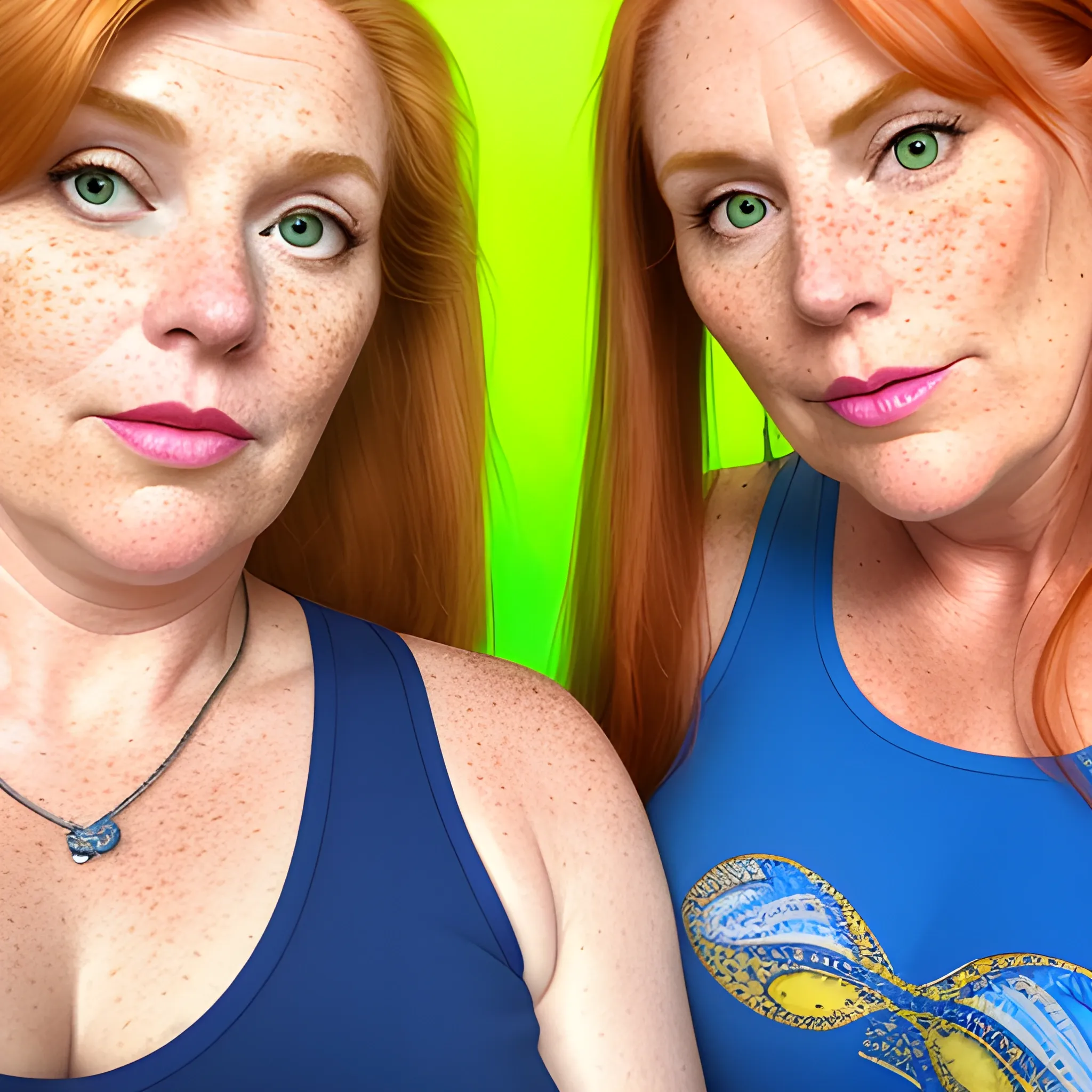 Two tall beautiful plus sized, ample, middle-aged  American Women, long straight ginger hair, ponytail, full lips, full face, freckles, fitted blue and yellow patterned tank tops, looking down at the camera, up close pov, detailed, warm lighting 