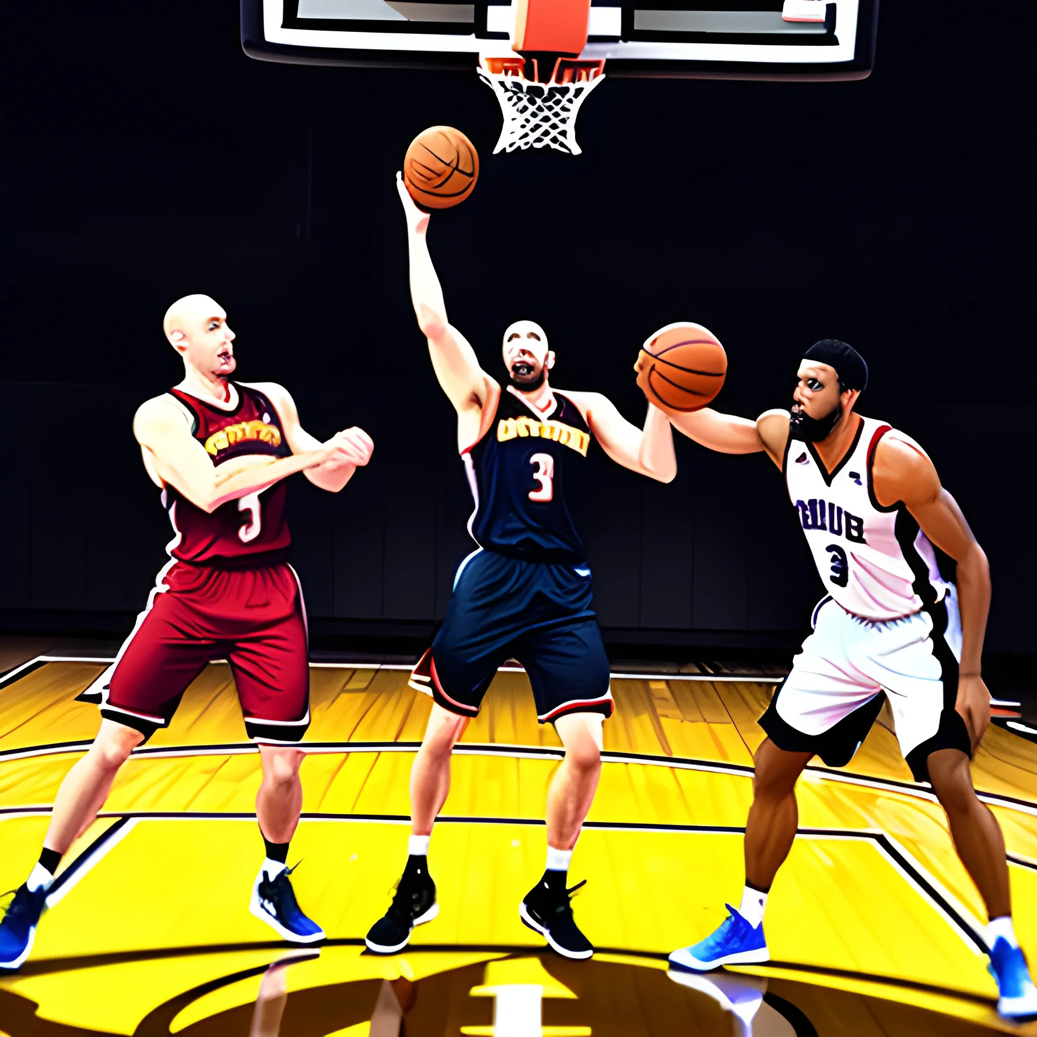 an action shot of 3 kids competing in a 3 on 3 basketball tournament, Cartoon, olumetric lighting