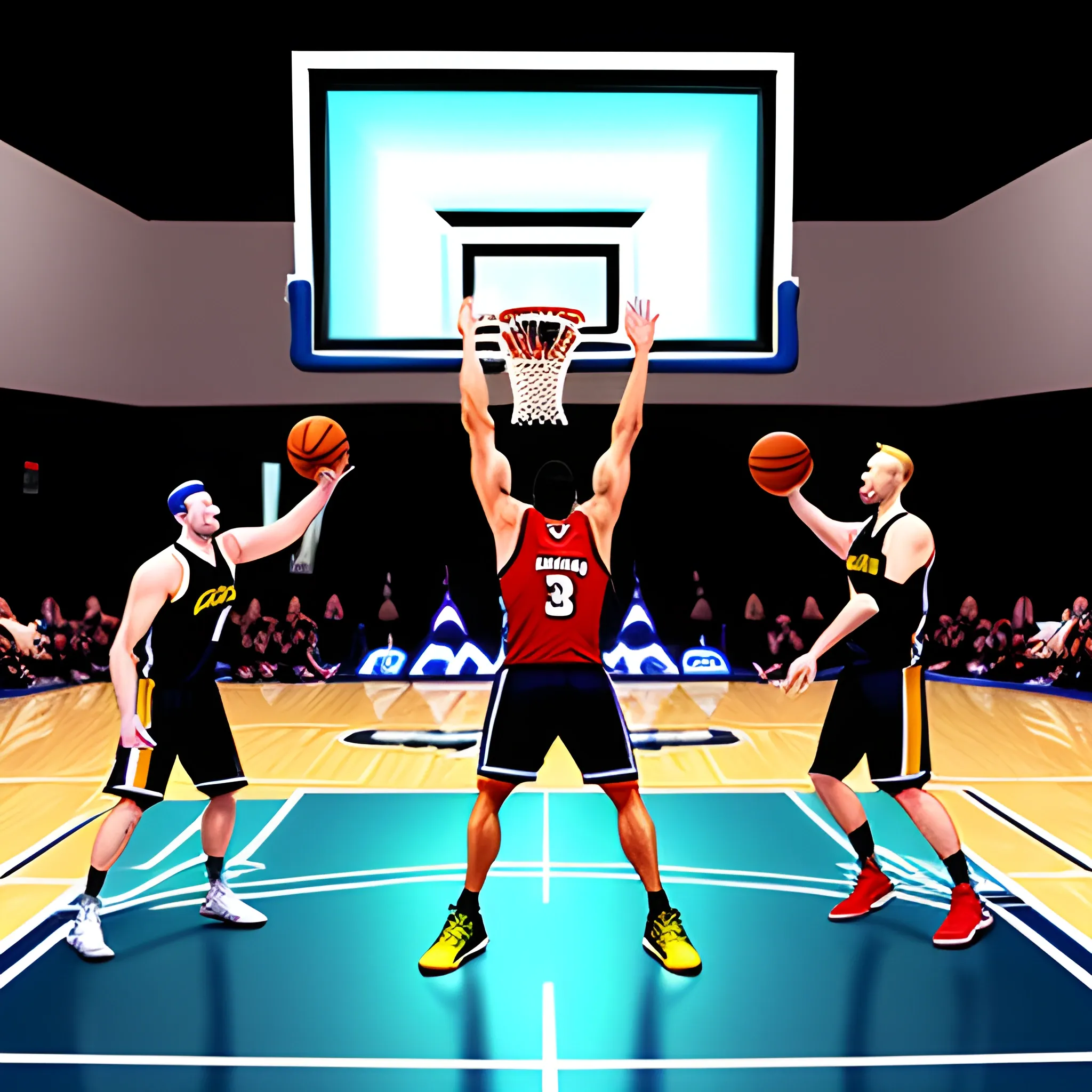 an action shot of 3 kids competing in a 3 on 3 basketball tournament, Cartoon, olumetric lighting