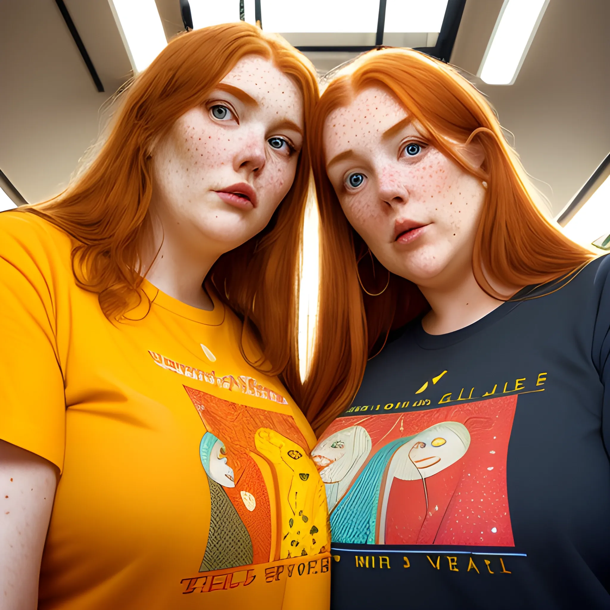 Two tall beautiful plus sized, ample, middle-aged  American Women, long straight ginger hair, full lips, full face, freckles, fitted red and yellow patterned t-shirts, looking down at the camera, up close pov, detailed, warm lighting 